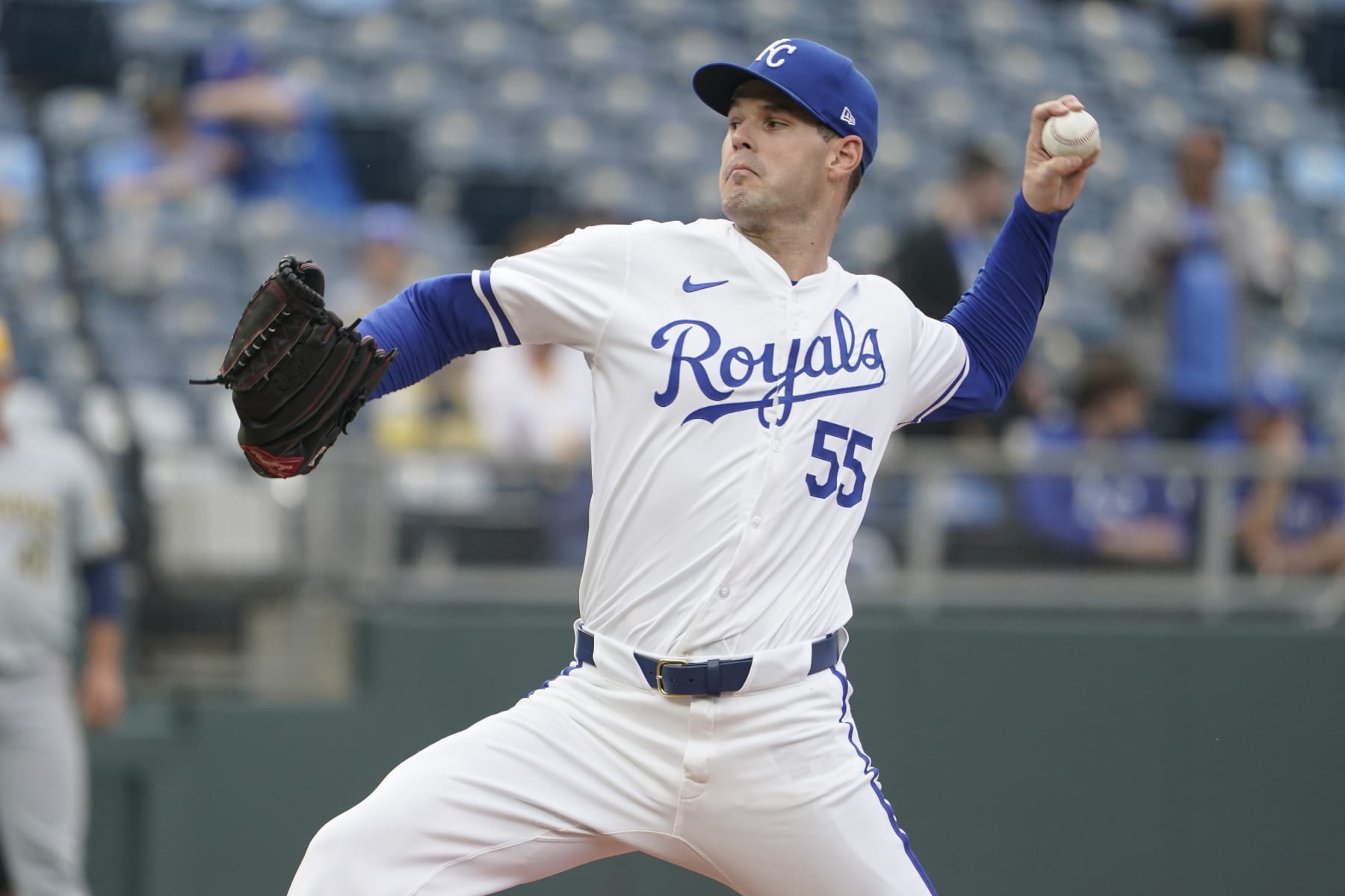 KANSAS CITY, MISSOURI - MAY 06: Cole Ragans #55 of the Kansas City Royals throws against the Milwaukee Brewers in the first inning at Kauffman Stadium on May 06, 2024 in Kansas City, Missouri. (Photo by Ed Zurga/Getty Images)