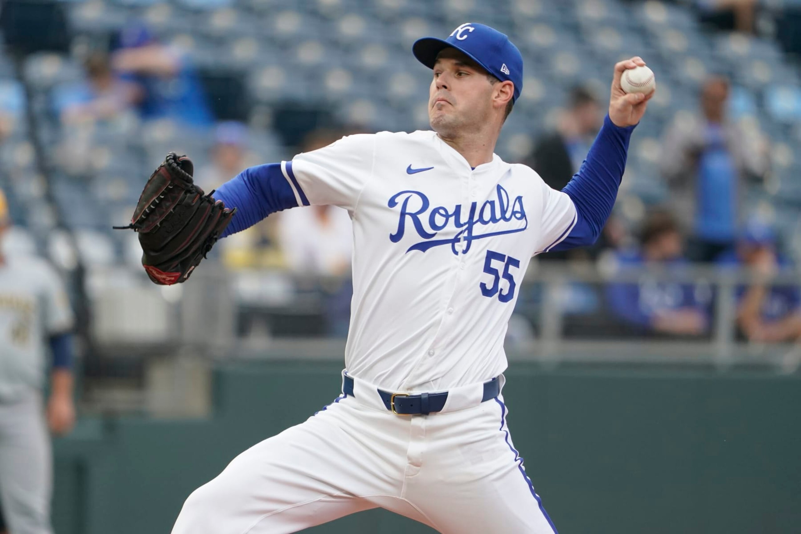 KANSAS CITY, MISSOURI - MAY 06: Cole Ragans #55 of the Kansas City Royals throws against the Milwaukee Brewers in the first inning at Kauffman Stadium on May 06, 2024 in Kansas City, Missouri. (Photo by Ed Zurga/Getty Images)