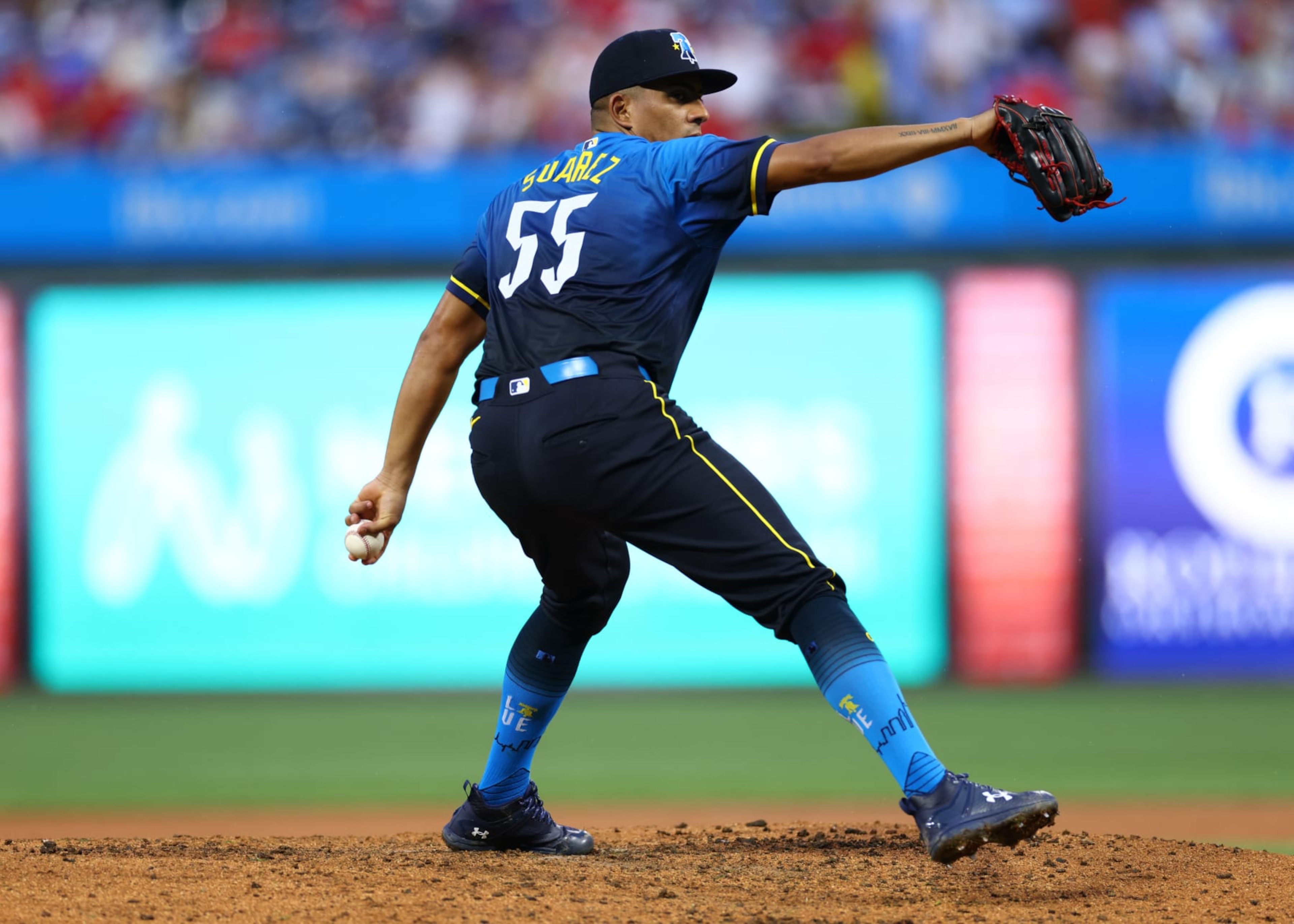 PHILADELPHIA, PENNSYLVANIA - JULY 12: Ranger Suarez #55 of the Philadelphia Phillies delivers a pitch against the Oakland Athletics during the fifth inning at Citizens Bank Park on July 12, 2024 in Philadelphia, Pennsylvania. (Photo by Heather Barry/Getty Images)