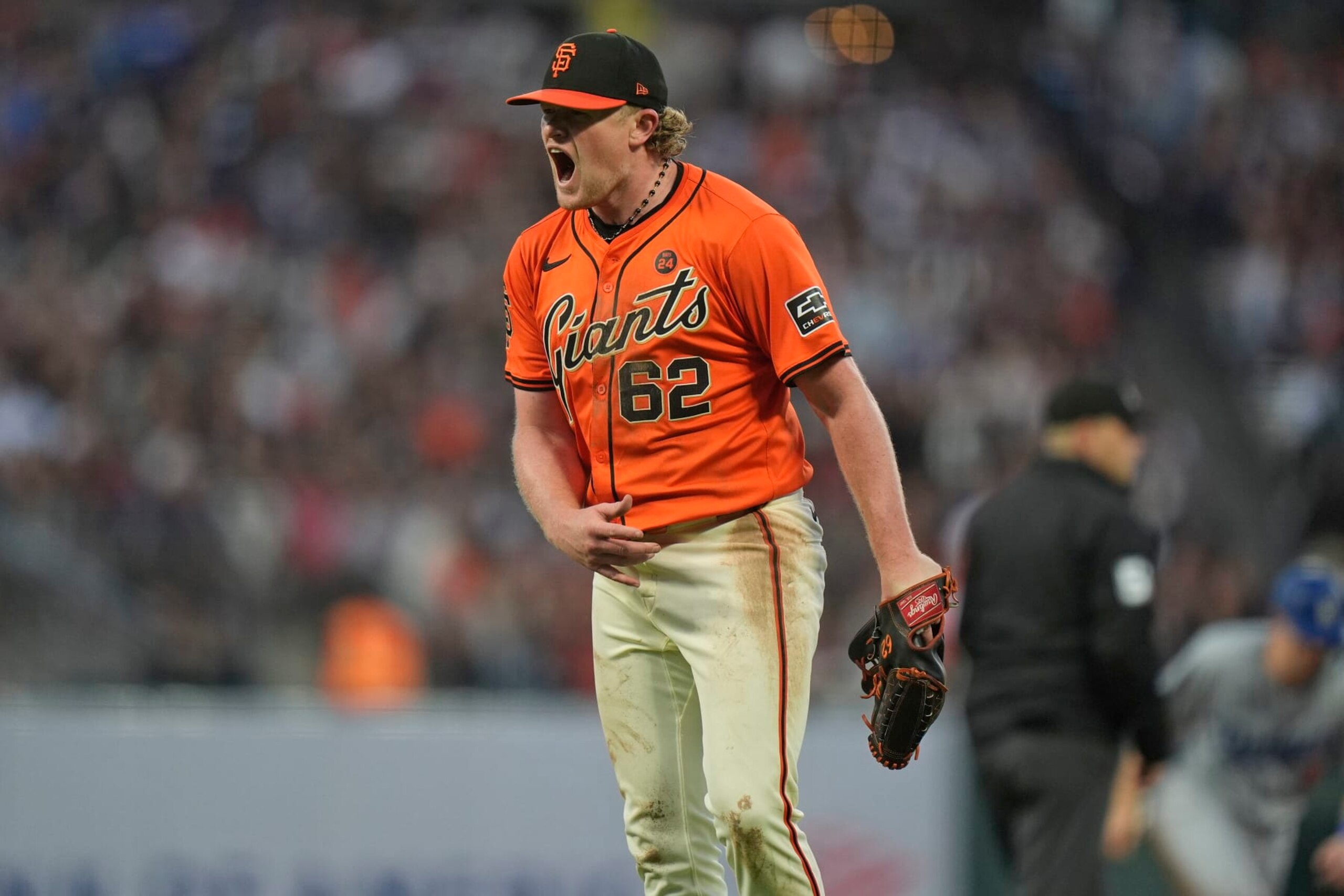 SAN FRANCISCO, CALIFORNIA - JUNE 28: Logan Webb #62 of the San Francisco Giants reacts after an inning ending double play at Oracle Park on June 28, 2024 in San Francisco, California. (Photo by Andy Kuno/San Francisco Giants/Getty Images)