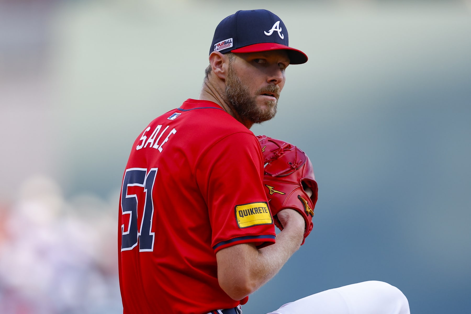 ATLANTA, GEORGIA - JUNE 14: Chris Sale #51 of the Atlanta Braves warms up prior to the start of the game between the Tampa Bay Rays and Atlanta Braves at Truist Park on June 14, 2024 in Atlanta, Georgia. (Photo by Todd Kirkland/Getty Images)