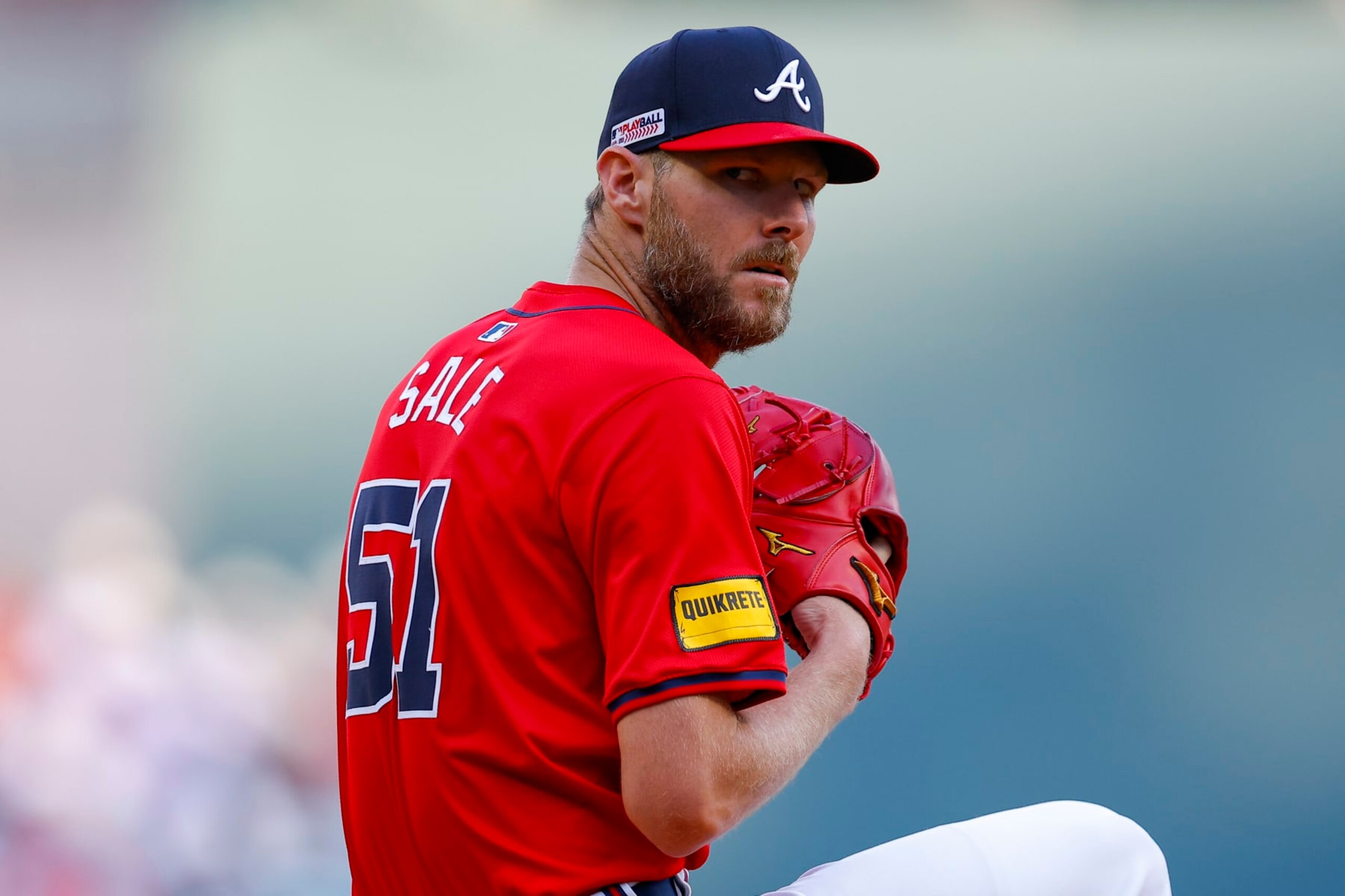 ATLANTA, GEORGIA - JUNE 14: Chris Sale #51 of the Atlanta Braves warms up prior to the start of the game between the Tampa Bay Rays and Atlanta Braves at Truist Park on June 14, 2024 in Atlanta, Georgia. (Photo by Todd Kirkland/Getty Images)