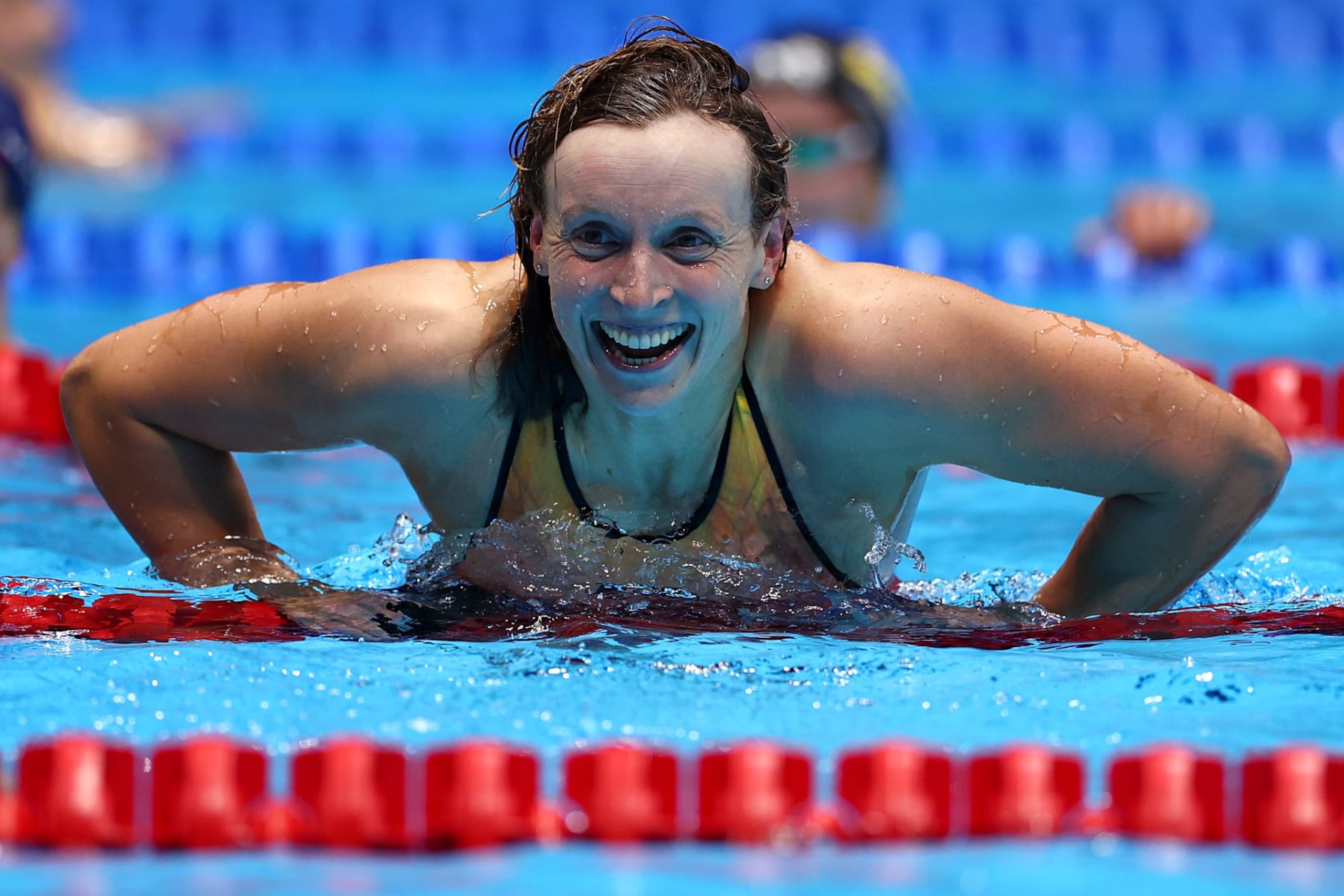 INDIANAPOLIS, INDIANA - JUNE 17: Katie Ledecky of the United States reacts after the Women's 200m freestyle final on Day Three of the 2024 U.S. Olympic Team Swimming Trials at Lucas Oil Stadium on June 17, 2024 in Indianapolis, Indiana. (Photo by Maddie Meyer/Getty Images) INDIANAPOLIS, INDIANA - JUNE 17: Katie Ledecky of the United States reacts after the Women's 200m freestyle final on Day Three of the 2024 U.S. Olympic Team Swimming Trials at Lucas Oil Stadium on June 17, 2024 in Indianapolis, Indiana. (Photo by Maddie Meyer/Getty Images)