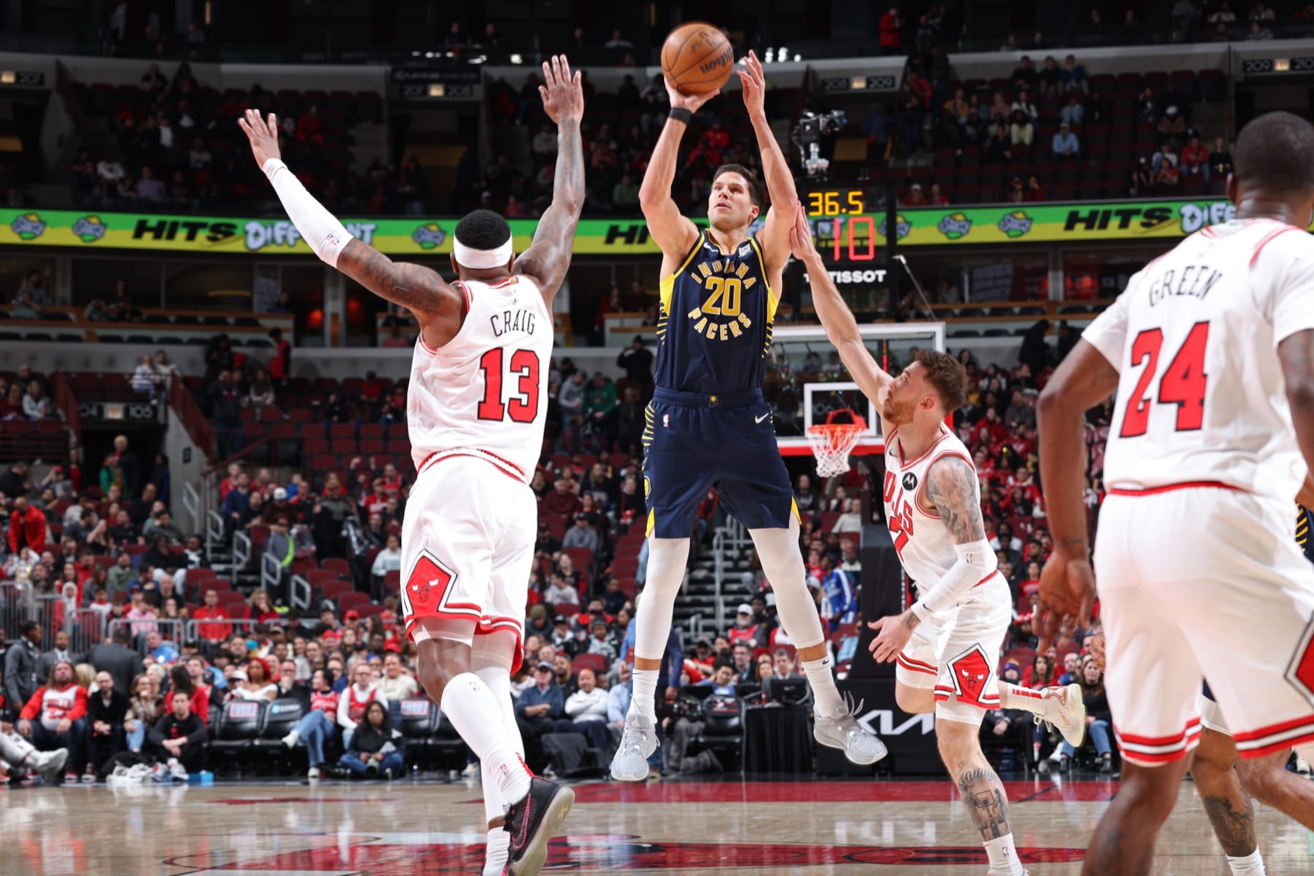 CHICAGO, IL - MARCH 27: Doug McDermott #20 of the Indiana Pacers shoots the ball during the game against the Chicago Bulls on March 27, 2024 at United Center in Chicago, Illinois. NOTE TO USER: User expressly acknowledges and agrees that, by downloading and or using this photograph, User is consenting to the terms and conditions of the Getty Images License Agreement. Mandatory Copyright Notice: Copyright 2024 NBAE (Photo by Jeff Haynes/NBAE via Getty Images) CHICAGO, IL - MARCH 27: Doug McDermott #20 of the Indiana Pacers shoots the ball during the game against the Chicago Bulls on March 27, 2024 at United Center in Chicago, Illinois. NOTE TO USER: User expressly acknowledges and agrees that, by downloading and or using this photograph, User is consenting to the terms and conditions of the Getty Images License Agreement. Mandatory Copyright Notice: Copyright 2024 NBAE (Photo by Jeff Haynes/NBAE via Getty Images)