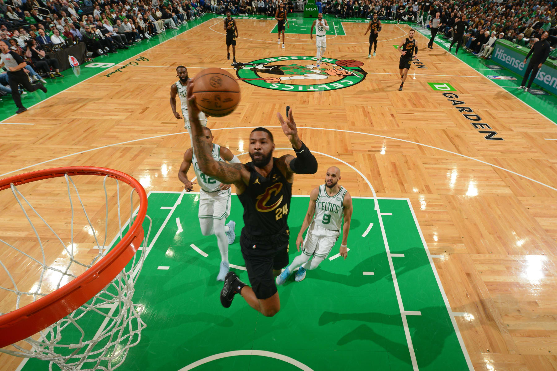 BOSTON, MA - MAY 9: Marcus Morris Sr. #24 of the Cleveland Cavaliers drives to the basket during the game against the Boston Celtics during Round 2 Game 2 of the 2024 NBA Playoffs on May 9, 2024 at the TD Garden in Boston, Massachusetts. NOTE TO USER: User expressly acknowledges and agrees that, by downloading and or using this photograph, User is consenting to the terms and conditions of the Getty Images License Agreement. Mandatory Copyright Notice: Copyright 2024 NBAE  (Photo by Brian Babineau/NBAE via Getty Images)