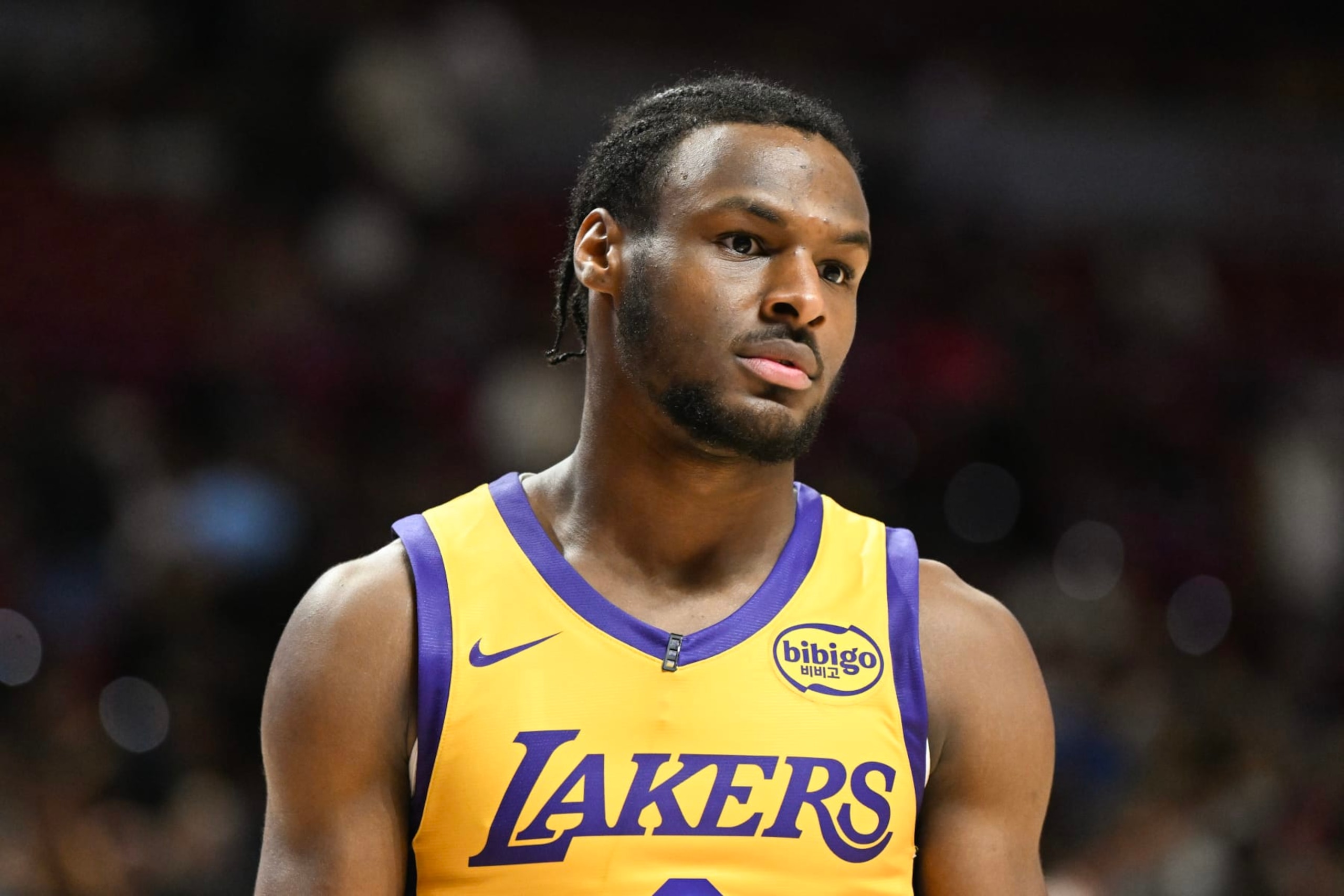 LAS VEGAS, NEVADA - JULY 17: Bronny James Jr. #9 of the Los Angeles Lakers looks on against the Atlanta Hawks in the first half of a 2024 NBA Summer League game at the Thomas & Mack Center on July 17, 2024 in Las Vegas, Nevada. The Lakers defeated the Hawks 87-86. NOTE TO USER: User expressly acknowledges and agrees that, by downloading and or using this photograph, User is consenting to the terms and conditions of the Getty Images License Agreement. (Photo by Candice Ward/Getty Images) LAS VEGAS, NEVADA - JULY 17: Bronny James Jr. #9 of the Los Angeles Lakers looks on against the Atlanta Hawks in the first half of a 2024 NBA Summer League game at the Thomas & Mack Center on July 17, 2024 in Las Vegas, Nevada. The Lakers defeated the Hawks 87-86. NOTE TO USER: User expressly acknowledges and agrees that, by downloading and or using this photograph, User is consenting to the terms and conditions of the Getty Images License Agreement. (Photo by Candice Ward/Getty Images)