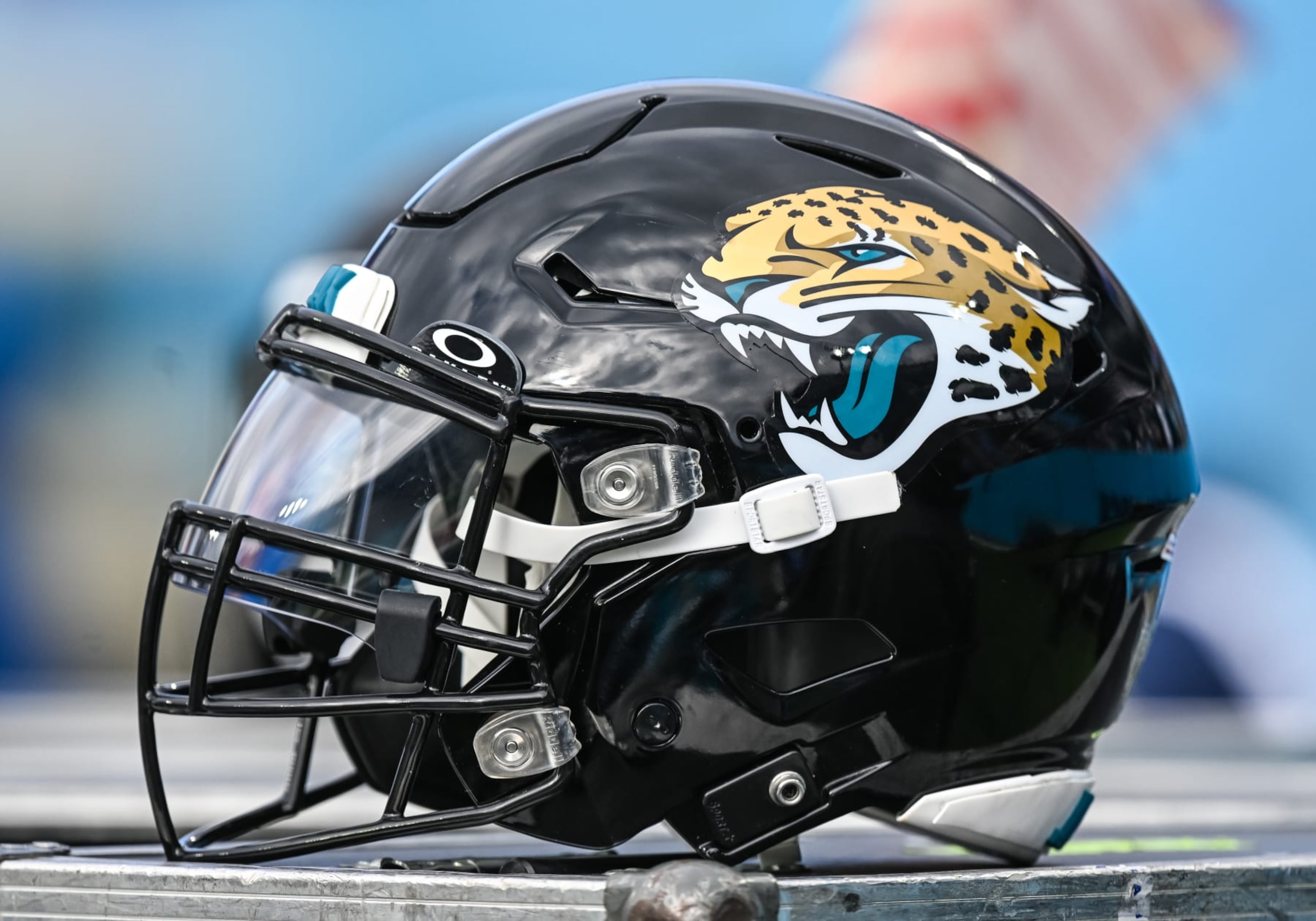 NASHVILLE, TN - JANUARY 07: Jacksonville Jaguars helmet sits on the sideline during the NFL game between the Tennessee Titans and the Jacksonville Jaguars on January 7, 2024, at Nissan Stadium in Nashville, TN. (Photo by Bryan Lynn/Icon Sportswire via Getty Images)