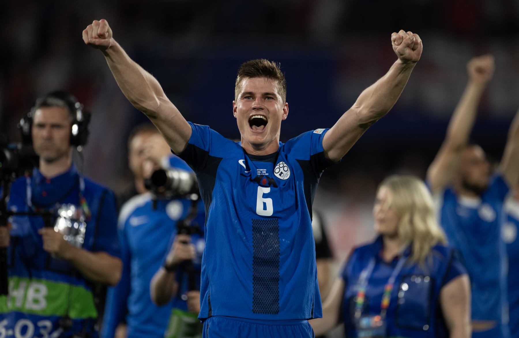 COLOGNE, GERMANY - JUNE 25: Jaka Bijol of Slovenia celebrates to fans following the UEFA EURO 2024 group stage match between England and Slovenia at Cologne Stadium on June 25, 2024 in Cologne, Germany. (Photo by Joe Prior/Visionhaus via Getty Images)