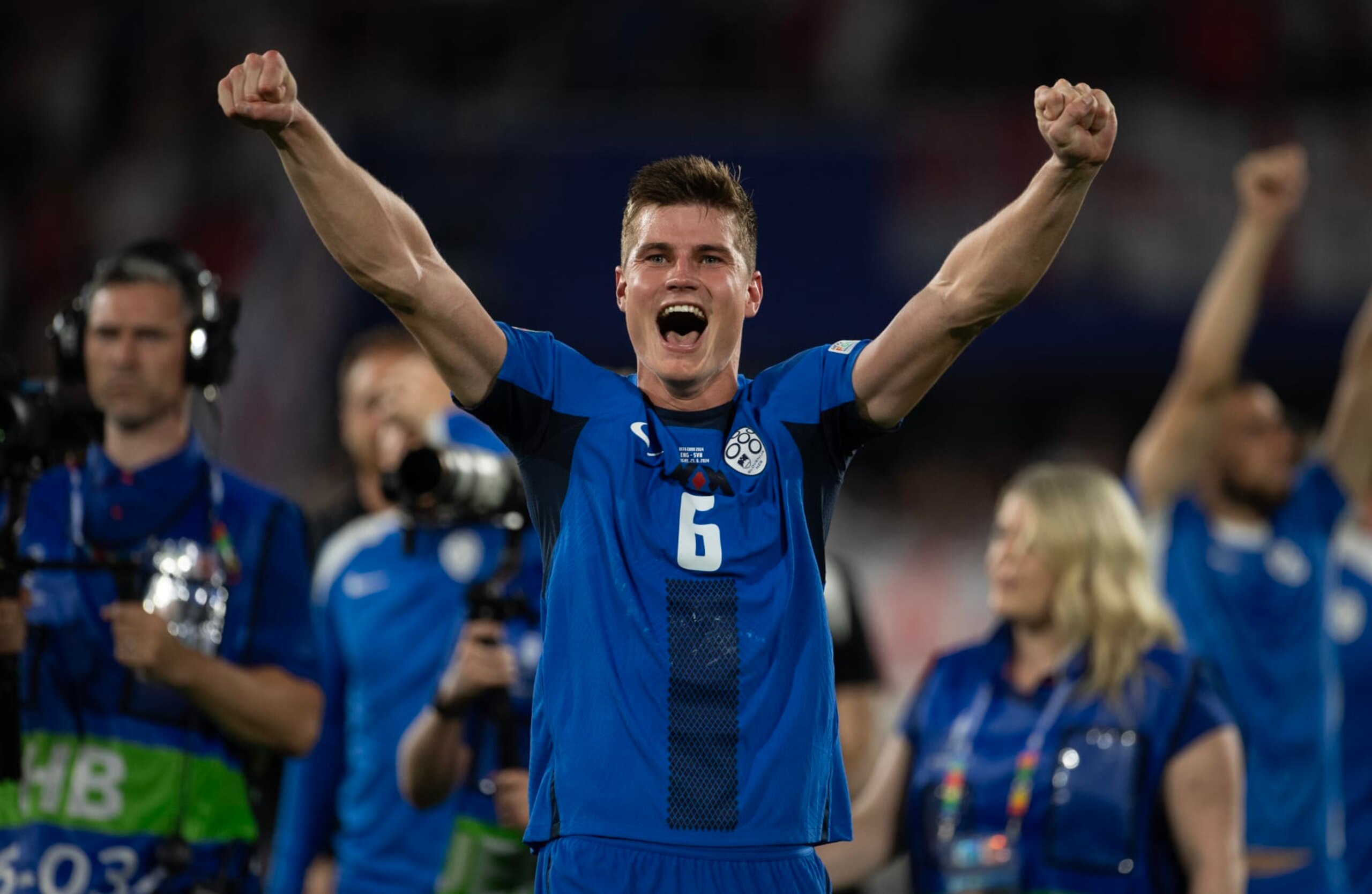 COLOGNE, GERMANY - JUNE 25: Jaka Bijol of Slovenia celebrates to fans following the UEFA EURO 2024 group stage match between England and Slovenia at Cologne Stadium on June 25, 2024 in Cologne, Germany. (Photo by Joe Prior/Visionhaus via Getty Images) COLOGNE, GERMANY - JUNE 25: Jaka Bijol of Slovenia celebrates to fans following the UEFA EURO 2024 group stage match between England and Slovenia at Cologne Stadium on June 25, 2024 in Cologne, Germany. (Photo by Joe Prior/Visionhaus via Getty Images)