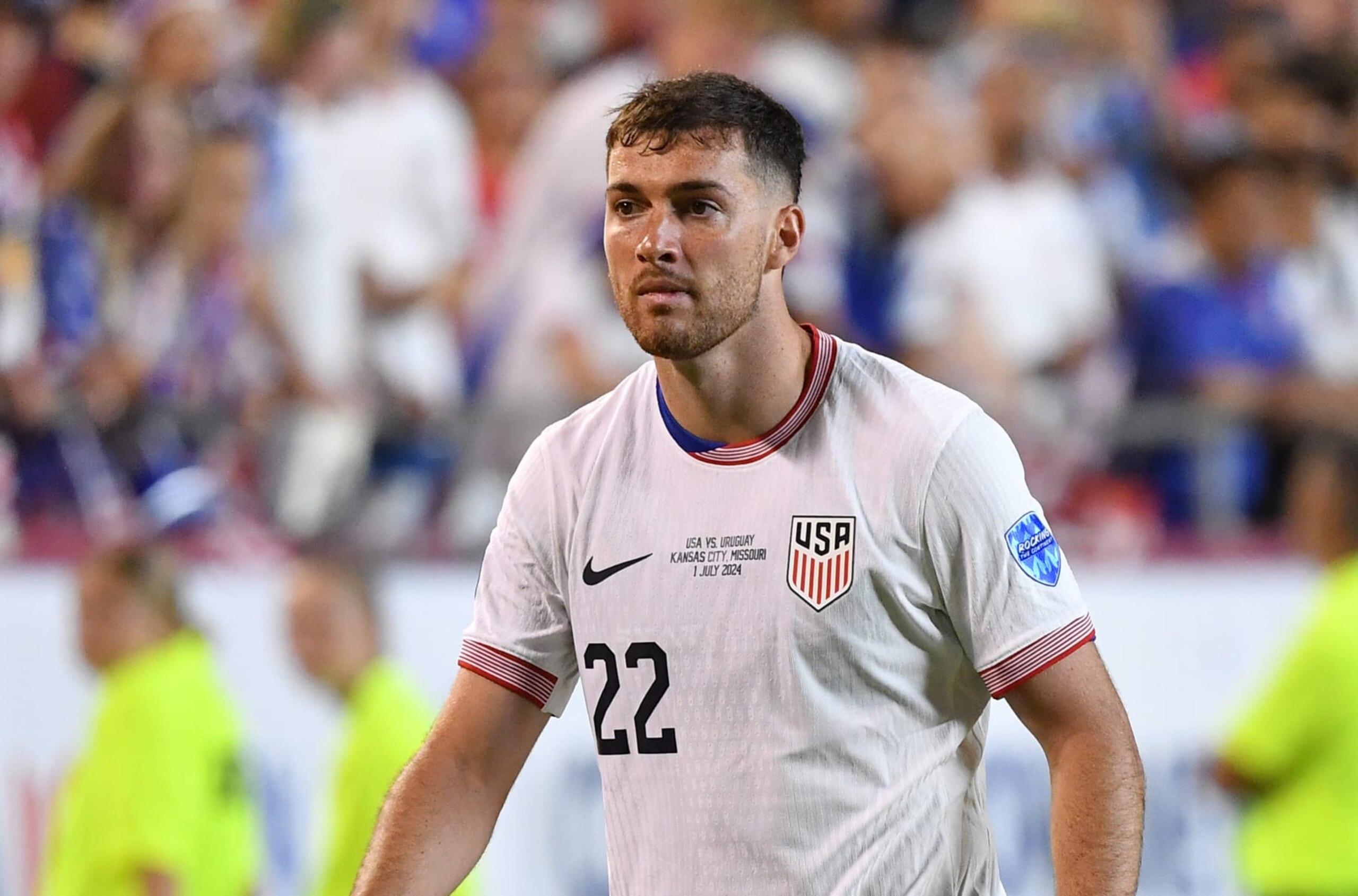 KANSAS CITY, MISSOURI - JULY 1: Joe Scally #22 of United States looks on during the CONMEBOL Copa America group C match between the United States and Uruguay at GEHA Field at Arrowhead Stadium on July 1, 2024 in Kansas City, Missouri. (Photo by Bill Barrett/ISI Photos/USSF/Getty Images for USSF)KANSAS CITY, MISSOURI - JULY 1: during the CONMEBOL Copa America group C match between the United States and Uruguay at GEHA Field at Arrowhead Stadium on July 1, 2024 in Kansas City, Missouri. (Photo by Bill Barrett/ISI Photos/USSF/Getty Images for USSF) KANSAS CITY, MISSOURI - JULY 1: Joe Scally #22 of United States looks on during the CONMEBOL Copa America group C match between the United States and Uruguay at GEHA Field at Arrowhead Stadium on July 1, 2024 in Kansas City, Missouri. (Photo by Bill Barrett/ISI Photos/USSF/Getty Images for USSF)KANSAS CITY, MISSOURI - JULY 1: during the CONMEBOL Copa America group C match between the United States and Uruguay at GEHA Field at Arrowhead Stadium on July 1, 2024 in Kansas City, Missouri. (Photo by Bill Barrett/ISI Photos/USSF/Getty Images for USSF)
