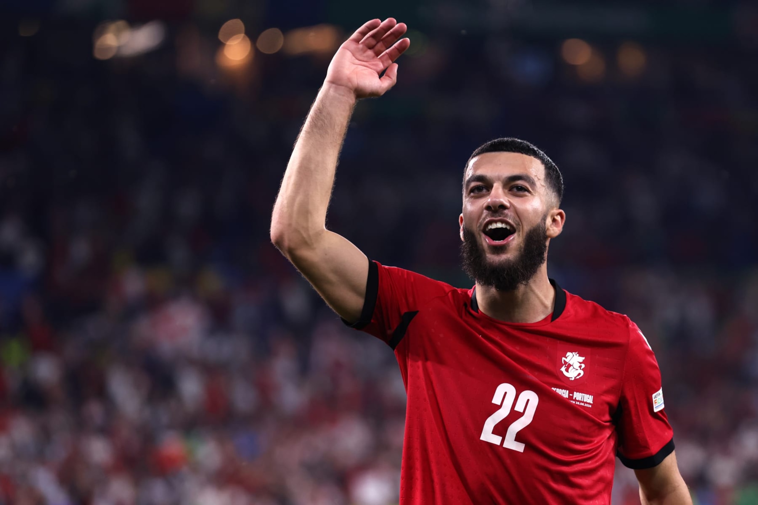 ARENA AUFSCHALKE, GELSENKIRCHEN, GERMANY - 2024/06/26: Georges Mikautadze of Georgia celebrates at the end of the Uefa Euro 2024 Group F football match between Georgia and Portugal. Georgia wins 2-0 over Portugal. (Photo by Marco Canoniero/LightRocket via Getty Images) ARENA AUFSCHALKE, GELSENKIRCHEN, GERMANY - 2024/06/26: Georges Mikautadze of Georgia celebrates at the end of the Uefa Euro 2024 Group F football match between Georgia and Portugal. Georgia wins 2-0 over Portugal. (Photo by Marco Canoniero/LightRocket via Getty Images)