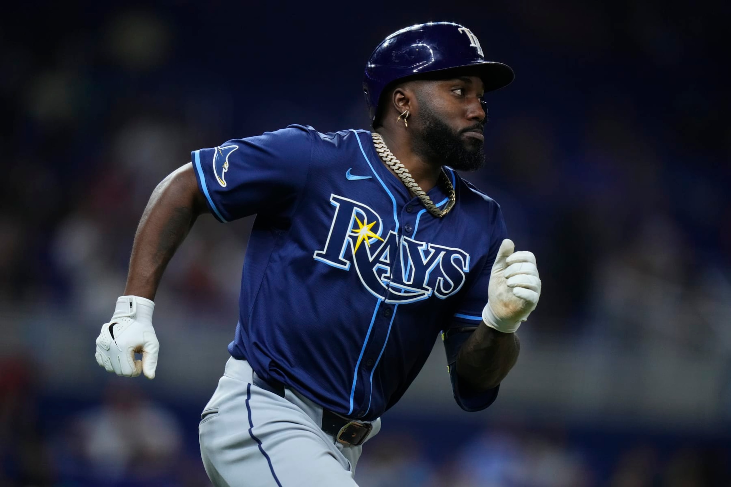 MIAMI, FLORIDA - JUNE 05: Randy Arozarena #56 of the Tampa Bay Rays runs to first base during a game against the Miami Marlins at loanDepot park on June 05, 2024 in Miami, Florida. (Photo by Rich Storry/Getty Images)
