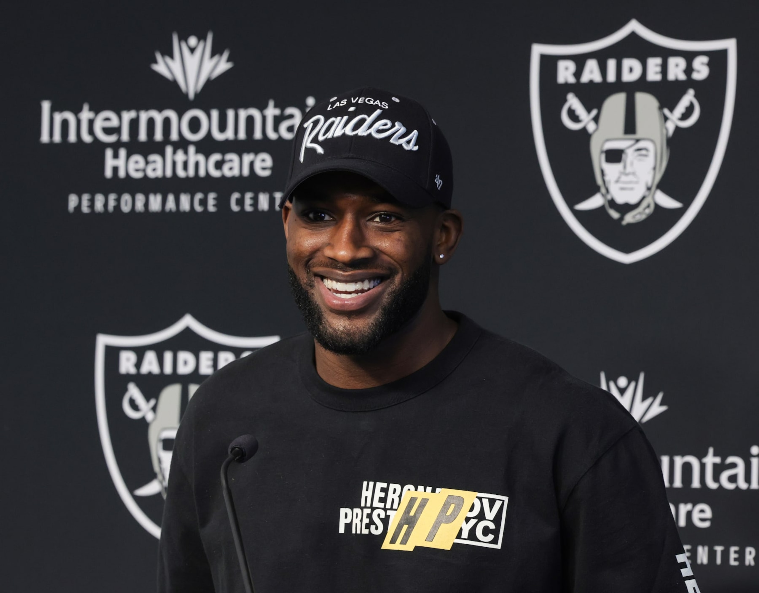 HENDERSON, NEVADA - MARCH 16: Cornerback Brandon Facyson is introduced at the Las Vegas Raiders Headquarters/Intermountain Healthcare Performance Center on March 16, 2023 in Henderson, Nevada. (Photo by Ethan Miller/Getty Images)