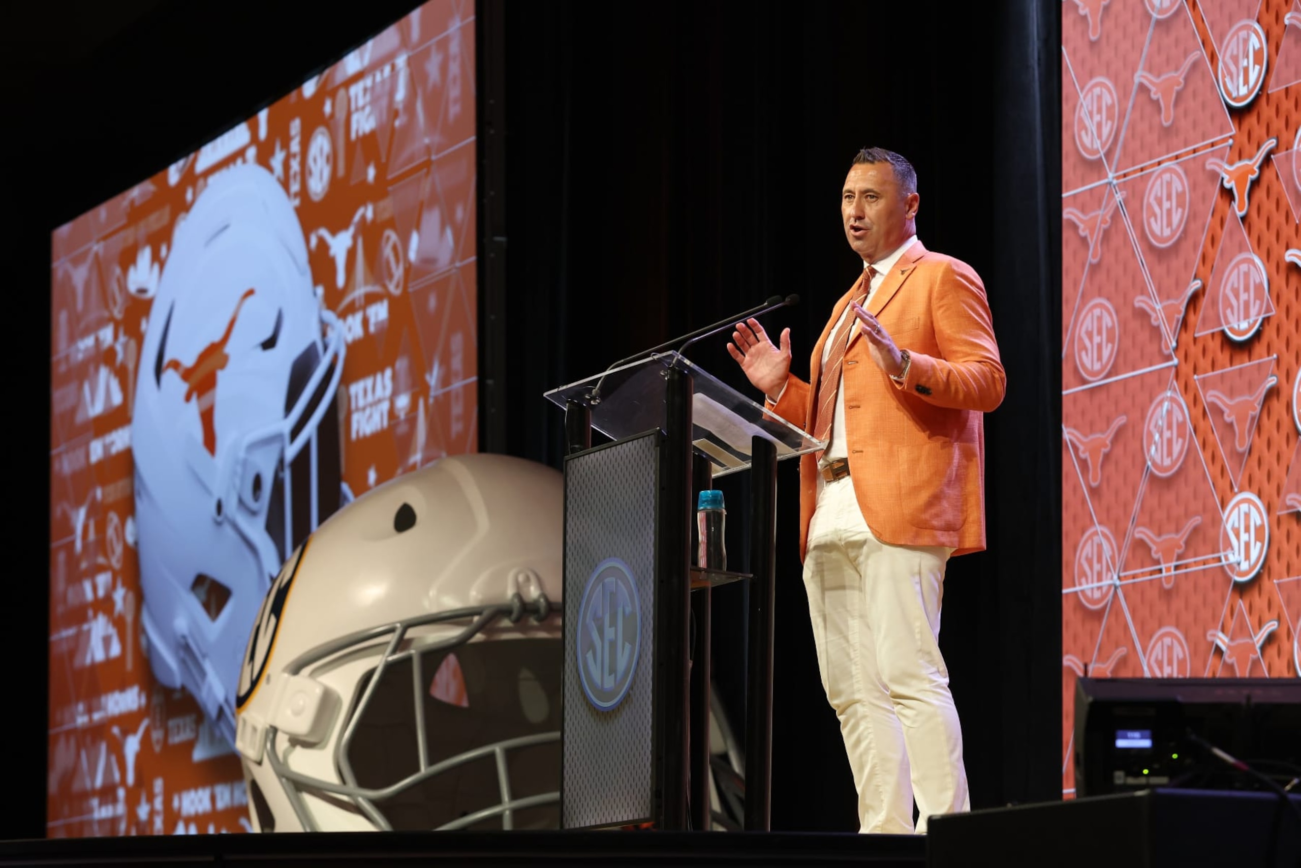 DALLAS, TEXAS - JULY 17: Head coach Steve Sarkisian of the Texas Longhorns speaks during SEC Football Media Days at Omni Dallas Hotel on July 17, 2024 in Dallas, Texas.  (Photo by Tim Warner/Getty Images)