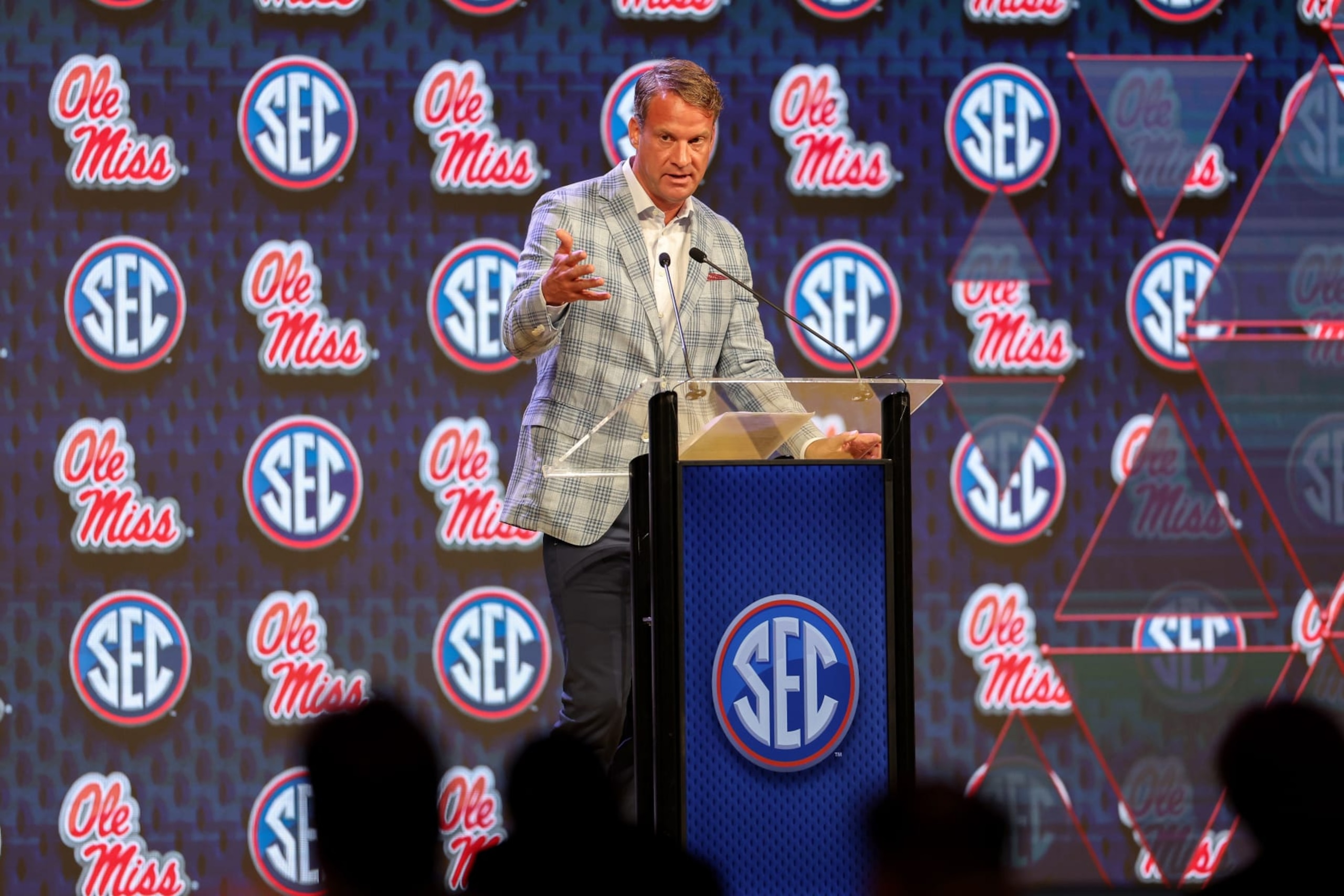 DALLAS, TEXAS - JULY 15: Head coach Lane Kiffin of the Ole Miss Rebels speaks during SEC Football Media Days at Omni Dallas Hotel on July 15, 2024 in Dallas, Texas.  (Photo by Tim Warner/Getty Images)
