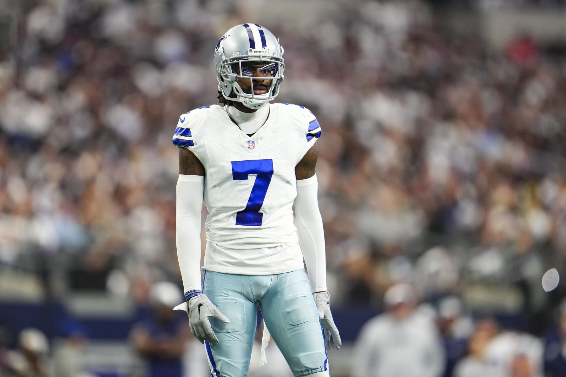 ARLINGTON, TX - SEPTEMBER 17: Trevon Diggs #7 of the Dallas Cowboys looks on from the field during a football game at AT&T Stadium on September 17, 2023 in Arlington, Texas. (Photo by Cooper Neill/Getty Images)