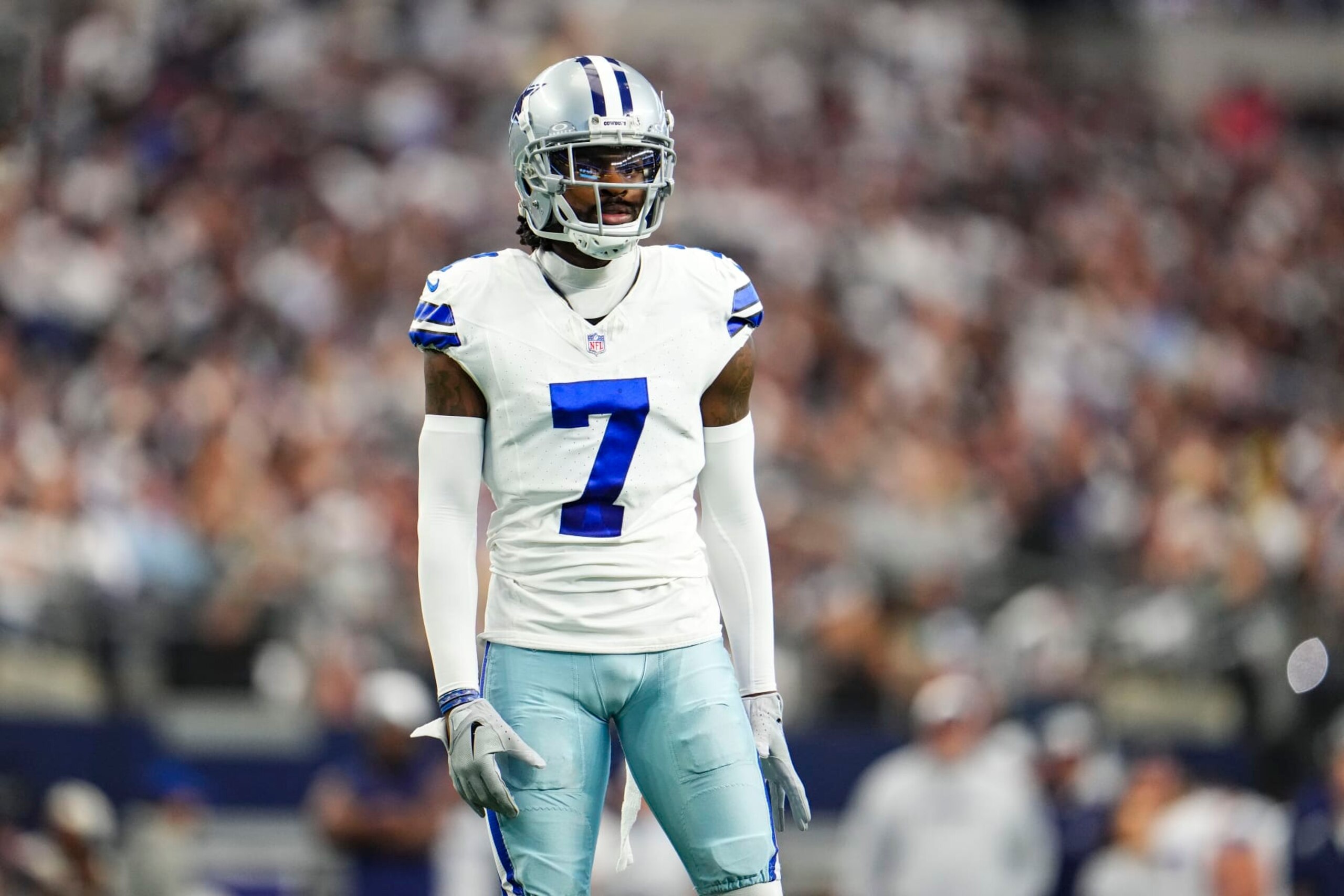 ARLINGTON, TX - SEPTEMBER 17: Trevon Diggs #7 of the Dallas Cowboys looks on from the field during a football game at AT&T Stadium on September 17, 2023 in Arlington, Texas. (Photo by Cooper Neill/Getty Images)