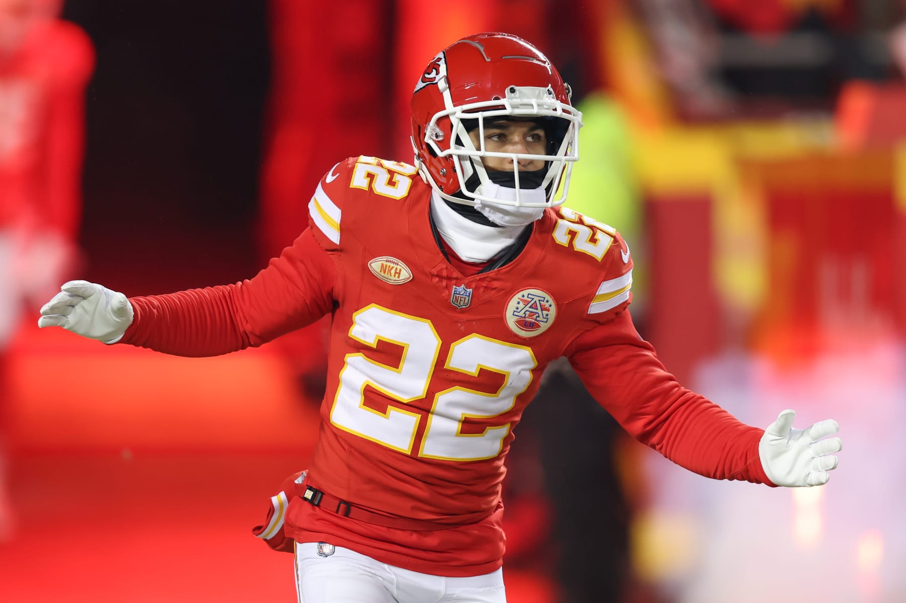 KANSAS CITY, MO - JANUARY 13: Kansas City Chiefs cornerback Trent McDuffie (22) before an AFC Wild Card playoff game between the Miami Dolphins and Kansas City Chiefs on Jan 13, 2024 at GEHA Field at Arrowhead Stadium in Kansas City, MO. (Photo by Scott Winters/Icon Sportswire via Getty Images)