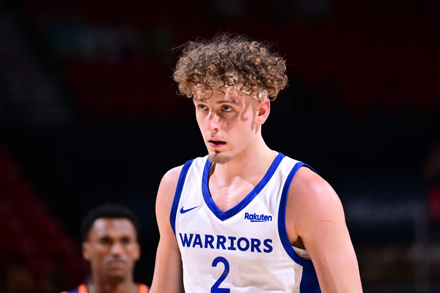 LAS VEGAS, NV - JULY 13: Brandin Podziemski #2 of the Golden State Warriors looks on during the game against the Phoenix Suns on July 13, 2024 at the Thomas & Mack Center in Las Vegas, Nevada. NOTE TO USER: User expressly acknowledges and agrees that, by downloading and or using this photograph, User is consenting to the terms and conditions of the Getty Images License Agreement. Mandatory Copyright Notice: Copyright 2024 NBAE (Photo by Adam Hagy/NBAE via Getty Images)