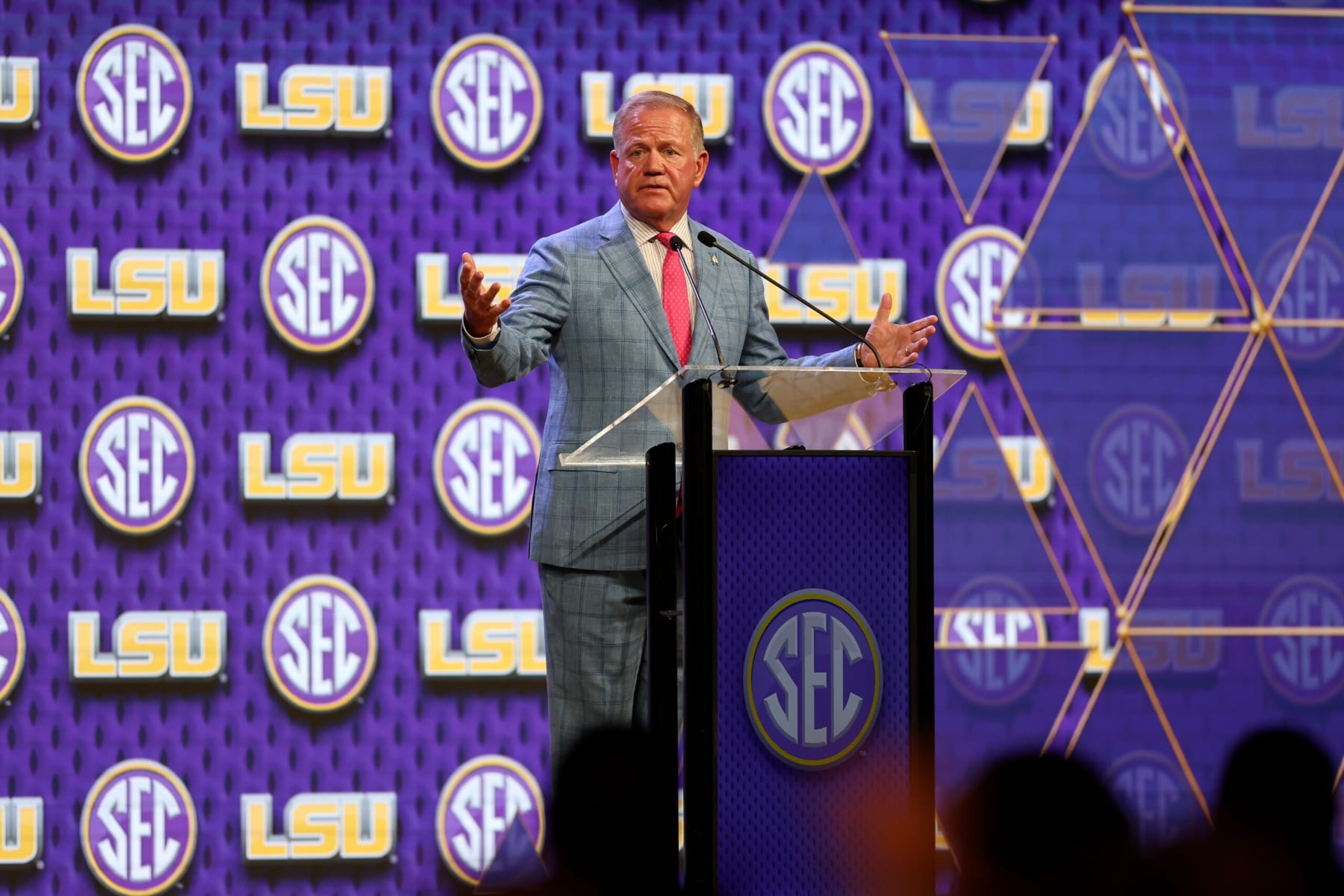 DALLAS, TEXAS - JULY 15: LSU head coach Brian Kelly speaks during SEC Football Media Days at Omni Dallas Hotel on July 15, 2024 in Dallas, Texas.  (Photo by Tim Warner/Getty Images)