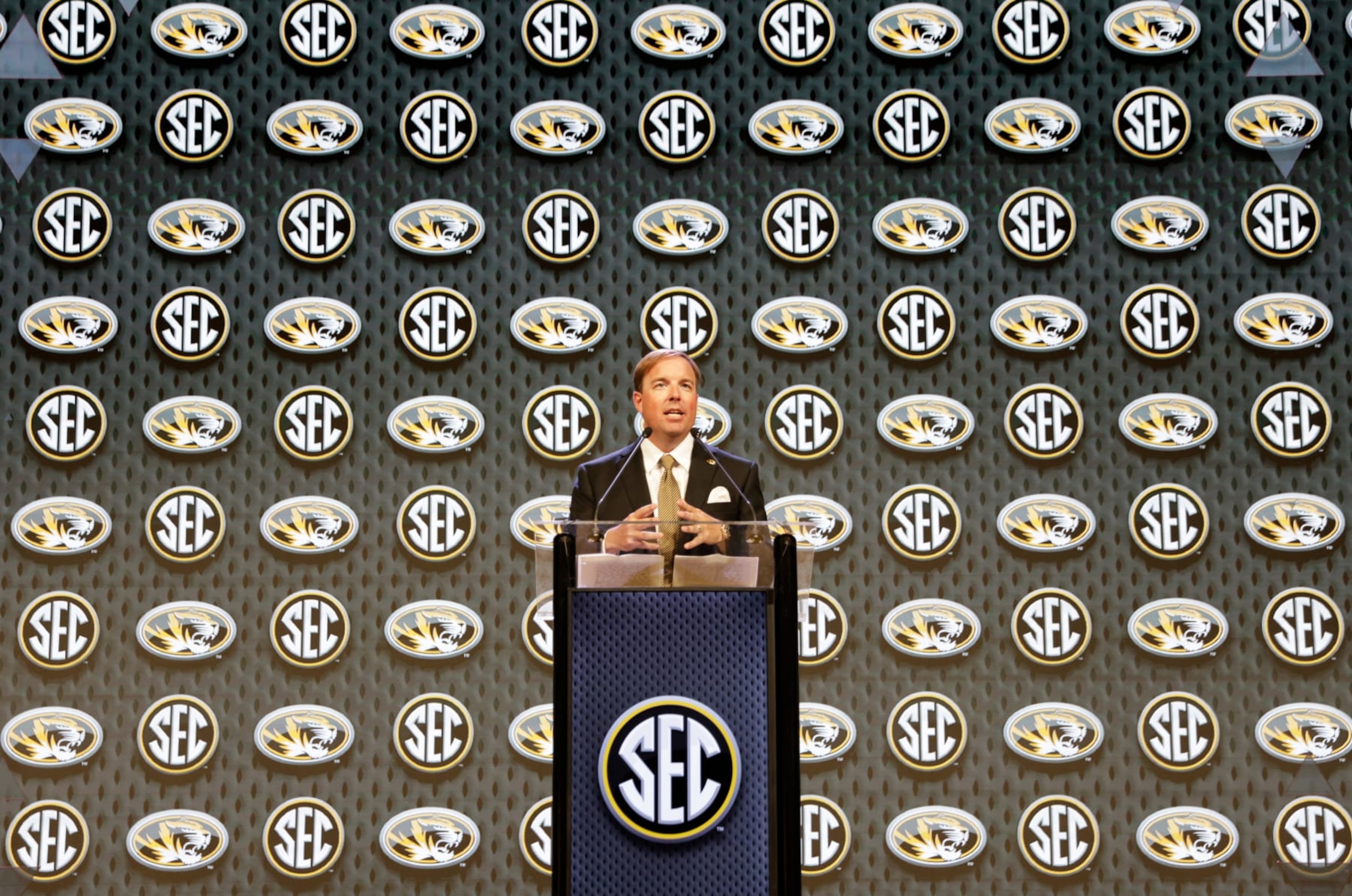 DALLAS, TEXAS - JULY 16: Head oach Eliah Drinkwitz of the Missouri Tigers speaks during SEC Football Media Days at Omni Dallas Hotel on July 16, 2024 in Dallas, Texas.  (Photo by Tim Warner/Getty Images)