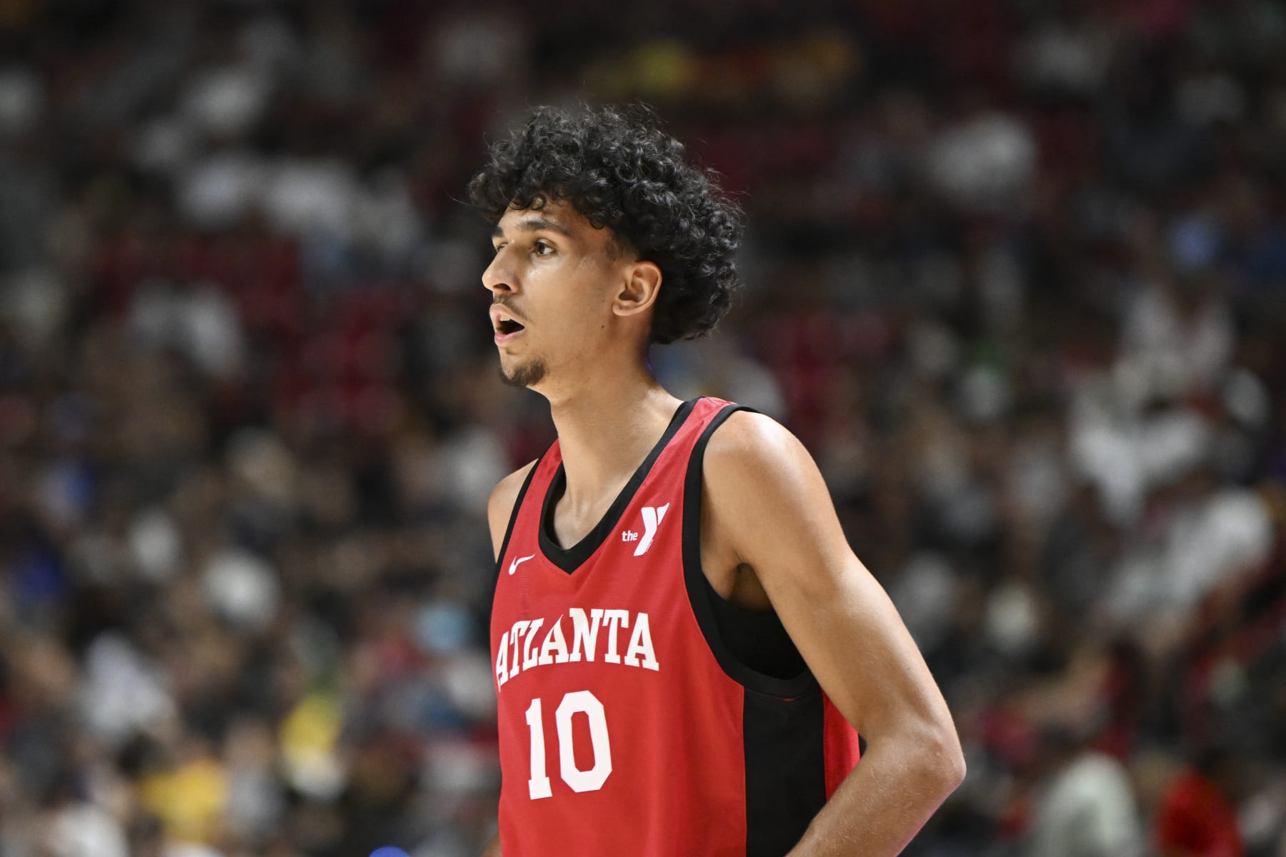 LAS VEGAS, NEVADA - JULY 12: Zaccharie Risacher #10 of the Atlanta Hawks looks on against the Washington Wizards in the first half of a 2024 NBA Summer League game at the Thomas & Mack Center on July 12, 2024 in Las Vegas, Nevada. NOTE TO USER: User expressly acknowledges and agrees that, by downloading and or using this photograph, User is consenting to the terms and conditions of the Getty Images License Agreement. (Photo by Candice Ward/Getty Images)