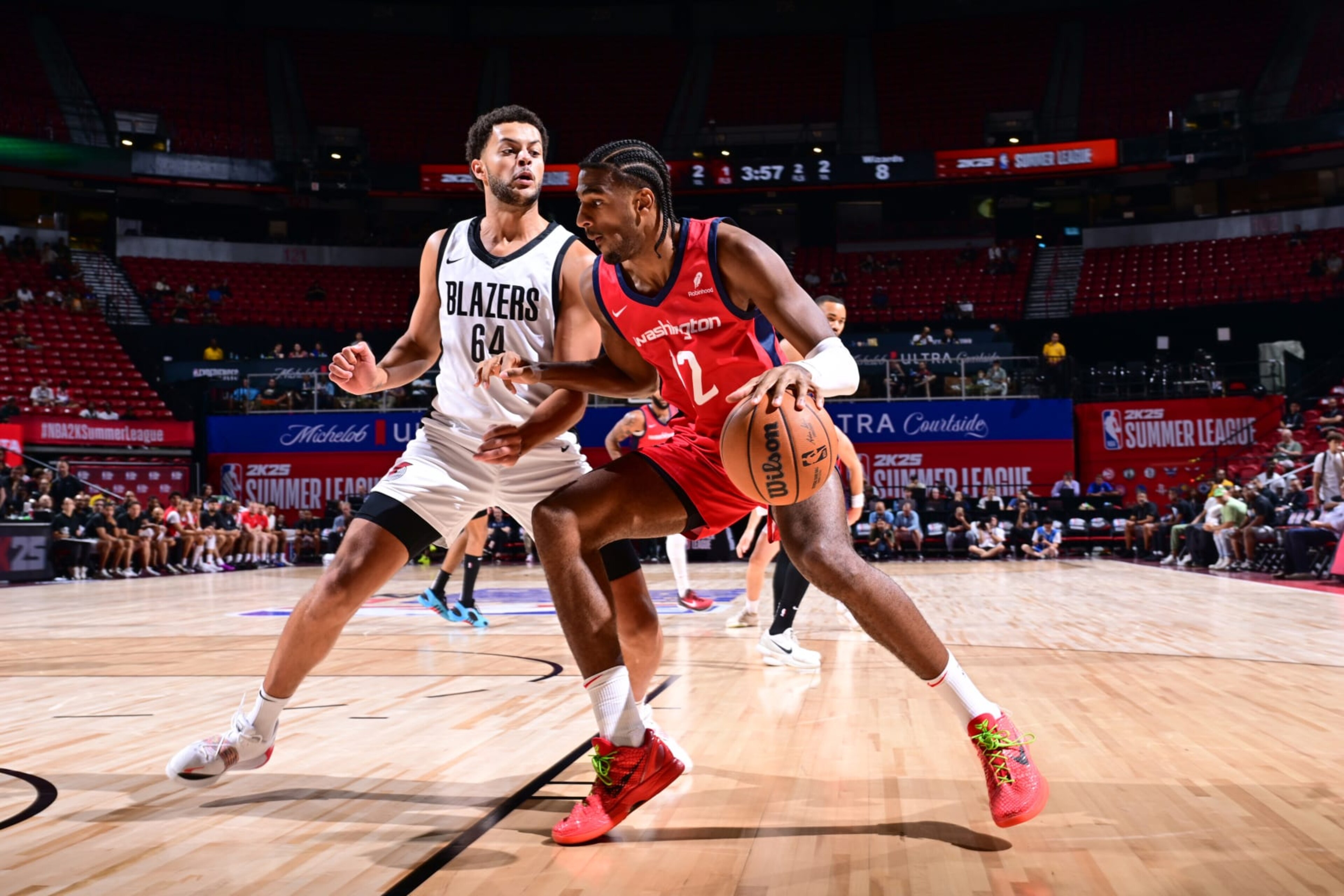 LAS VEGAS, NV - JULY 16: Alex Sarr #12 of the Washington Wizards goes to the basket during the game on July 16, 2024 at the Thomas & Mack Center in Las Vegas, Nevada. NOTE TO USER: User expressly acknowledges and agrees that, by downloading and or using this photograph, User is consenting to the terms and conditions of the Getty Images License Agreement. Mandatory Copyright Notice: Copyright 2024 NBAE (Photo by Adam Hagy/NBAE via Getty Images) LAS VEGAS, NV - JULY 16: Alex Sarr #12 of the Washington Wizards goes to the basket during the game on July 16, 2024 at the Thomas & Mack Center in Las Vegas, Nevada. NOTE TO USER: User expressly acknowledges and agrees that, by downloading and or using this photograph, User is consenting to the terms and conditions of the Getty Images License Agreement. Mandatory Copyright Notice: Copyright 2024 NBAE (Photo by Adam Hagy/NBAE via Getty Images)