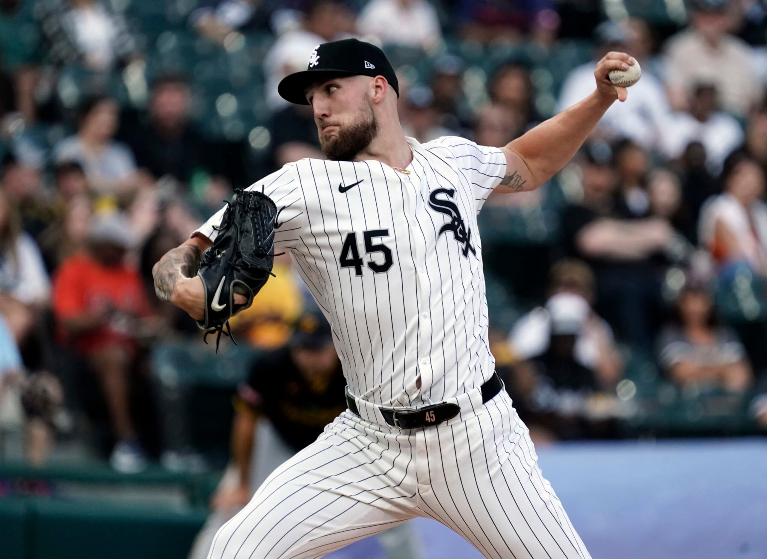 CHICAGO, ILLINOIS - JULY 12: Garrett Crochet #45 of the Chicago White Sox throws a pitch during the first inning of a game against the Pittsburgh Pirates at Guaranteed Rate Field on July 12, 2024 in Chicago, Illinois. (Photo by Nuccio DiNuzzo/Getty Images)