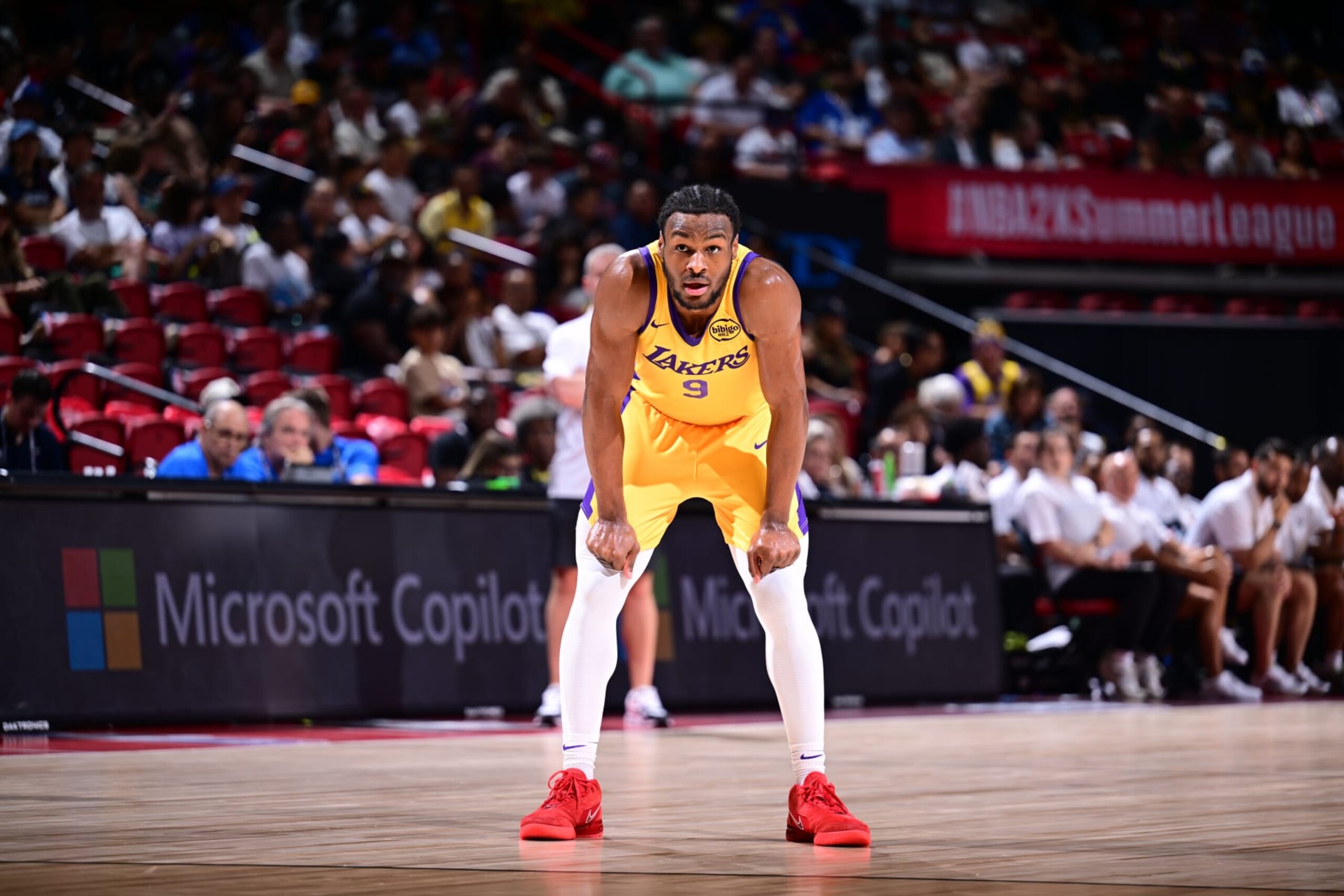 LAS VEGAS, NV - JULY 18: Bronny James Jr. #9 of the Los Angeles Lakers looks on during the game on July 18, 2024 at the Thomas & Mack Center in Las Vegas, Nevada. NOTE TO USER: User expressly acknowledges and agrees that, by downloading and or using this photograph, User is consenting to the terms and conditions of the Getty Images License Agreement. Mandatory Copyright Notice: Copyright 2024 NBAE (Photo by Adam Hagy/NBAE via Getty Images)