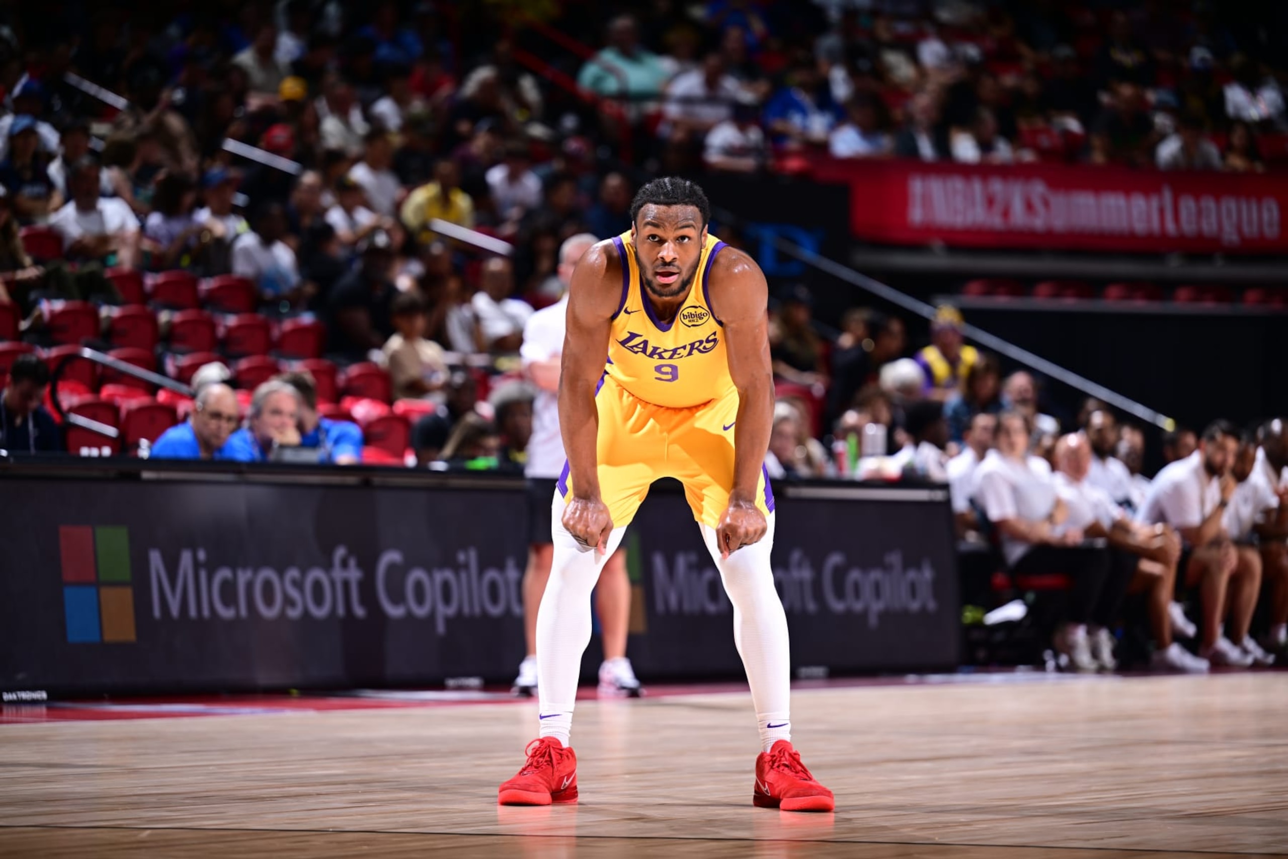 LAS VEGAS, NV - JULY 18: Bronny James Jr. #9 of the Los Angeles Lakers looks on during the game on July 18, 2024 at the Thomas & Mack Center in Las Vegas, Nevada. NOTE TO USER: User expressly acknowledges and agrees that, by downloading and or using this photograph, User is consenting to the terms and conditions of the Getty Images License Agreement. Mandatory Copyright Notice: Copyright 2024 NBAE (Photo by Adam Hagy/NBAE via Getty Images)