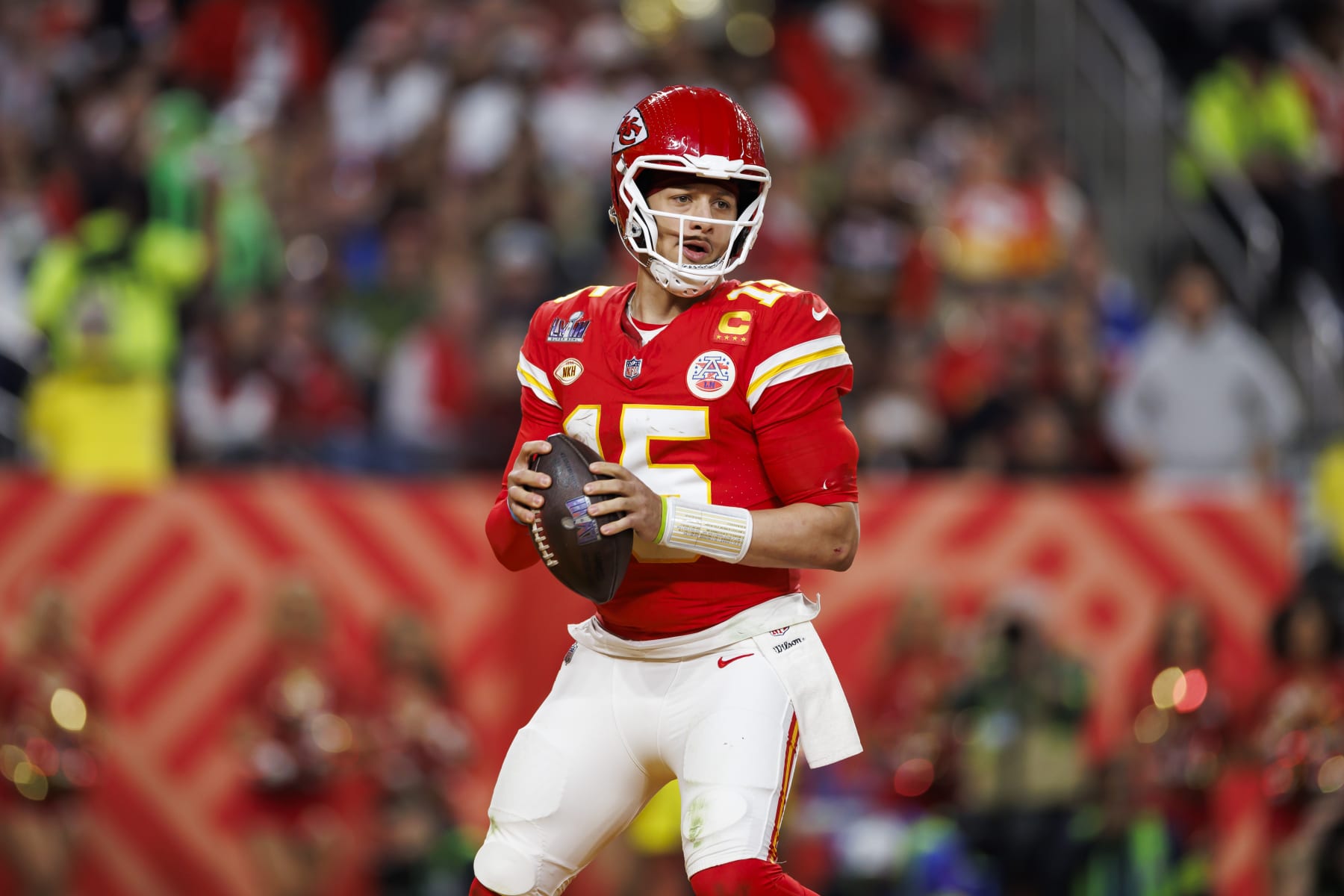 LAS VEGAS, NEVADA - FEBRUARY 11: Patrick Mahomes #15 of the Kansas City Chiefs drops back and looks to throw a pass during Super Bowl LVIII against the San Francisco 49ers at Allegiant Stadium on February 11, 2024 in Las Vegas, Nevada. (Photo by Ryan Kang/Getty Images) LAS VEGAS, NEVADA - FEBRUARY 11: Patrick Mahomes #15 of the Kansas City Chiefs drops back and looks to throw a pass during Super Bowl LVIII against the San Francisco 49ers at Allegiant Stadium on February 11, 2024 in Las Vegas, Nevada. (Photo by Ryan Kang/Getty Images)