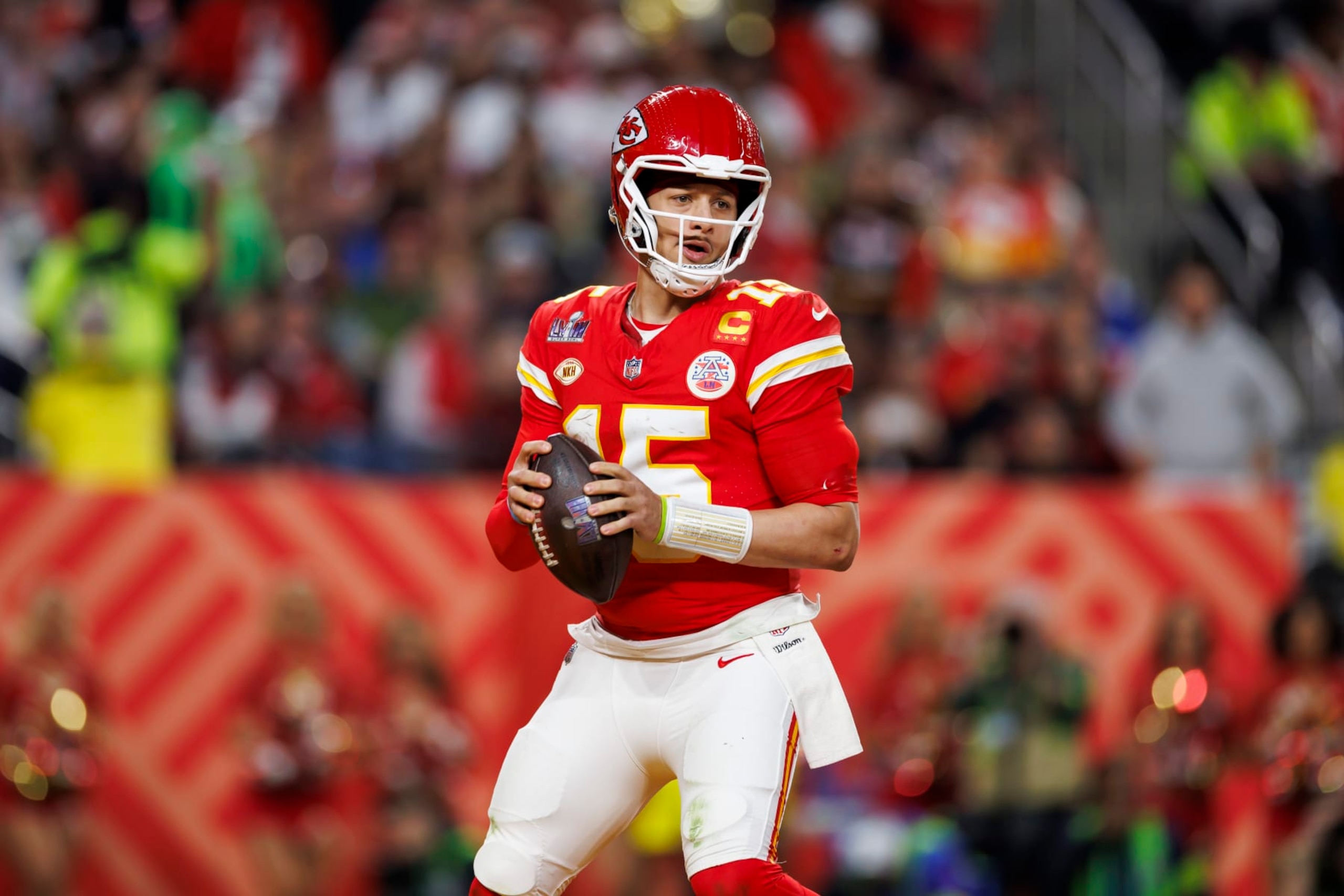 LAS VEGAS, NEVADA - FEBRUARY 11: Patrick Mahomes #15 of the Kansas City Chiefs drops back and looks to throw a pass during Super Bowl LVIII against the San Francisco 49ers at Allegiant Stadium on February 11, 2024 in Las Vegas, Nevada. (Photo by Ryan Kang/Getty Images) LAS VEGAS, NEVADA - FEBRUARY 11: Patrick Mahomes #15 of the Kansas City Chiefs drops back and looks to throw a pass during Super Bowl LVIII against the San Francisco 49ers at Allegiant Stadium on February 11, 2024 in Las Vegas, Nevada. (Photo by Ryan Kang/Getty Images)