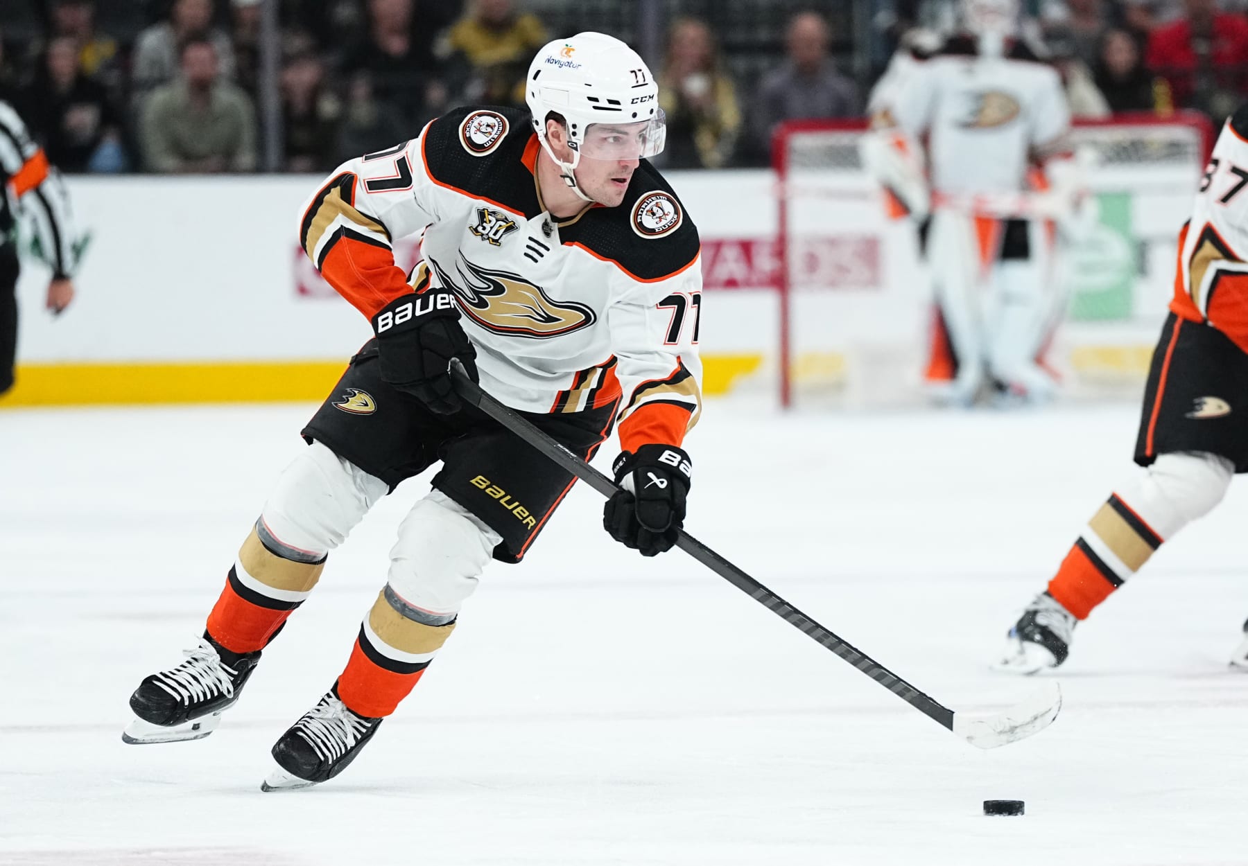 LAS VEGAS, NEVADA - APRIL 18: Frank Vatrano #77 of the Anaheim Ducks skates during the second period against the Vegas Golden Knights at T-Mobile Arena on April 18, 2024 in Las Vegas, Nevada. (Photo by Jeff Bottari/NHLI via Getty Images)