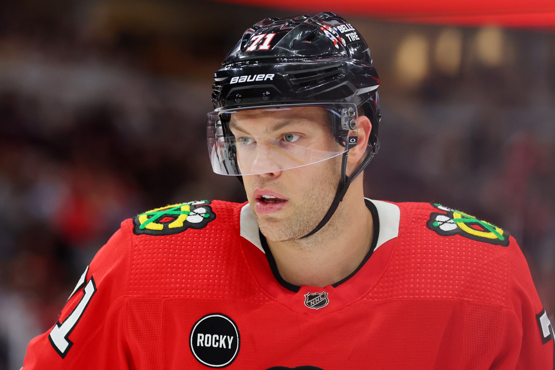 CHICAGO, ILLINOIS - NOVEMBER 05: Taylor Hall #71 of the Chicago Blackhawks looks on against the New Jersey Devils during the first period at the United Center on November 05, 2023 in Chicago, Illinois. (Photo by Michael Reaves/Getty Images)