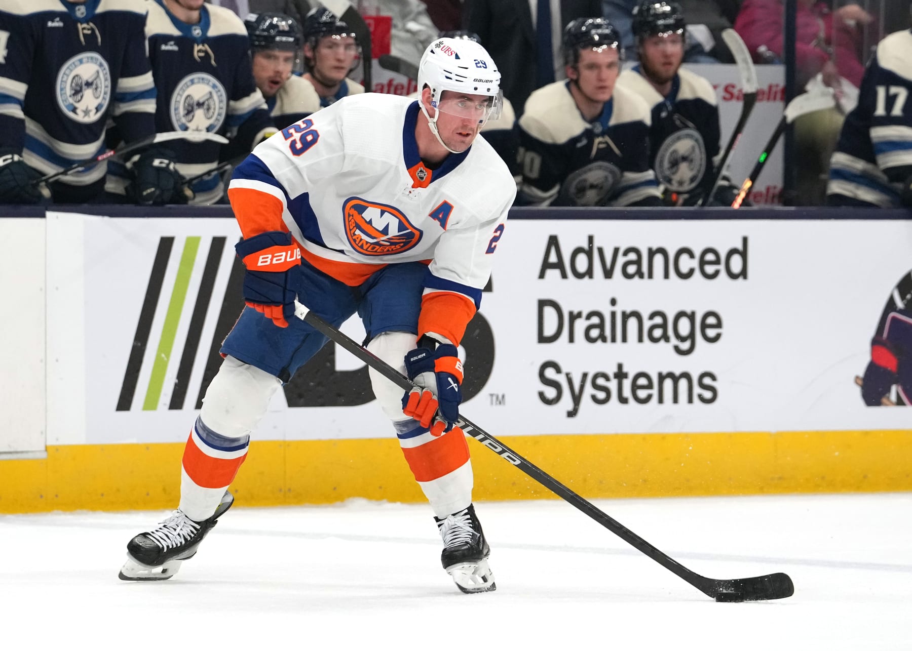 COLUMBUS, OHIO - APRIL 04: Brock Nelson #29 of the New York Islanders skates with the puck during the first period against the Columbus Blue Jackets at Nationwide Arena on April 04, 2024 in Columbus, Ohio. (Photo by Jason Mowry/Getty Images)