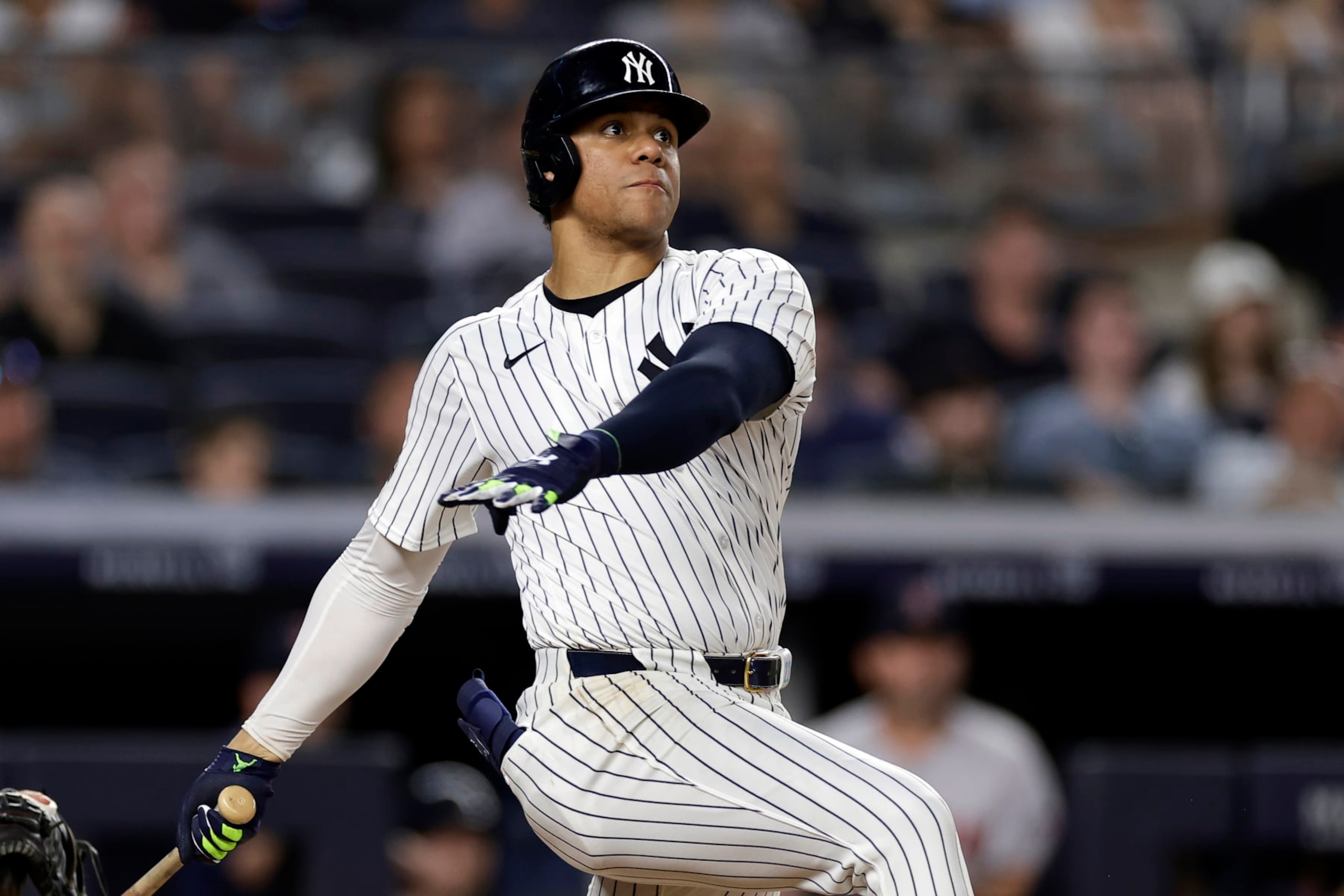 NEW YORK, NEW YORK - JULY 07: Juan Soto #22 of the New York Yankees in action during the ninth inning against the Boston Red Sox at Yankee Stadium on July 7, 2024 in New York City. The Red Sox won 3-0. (Photo by Adam Hunger/Getty Images)
