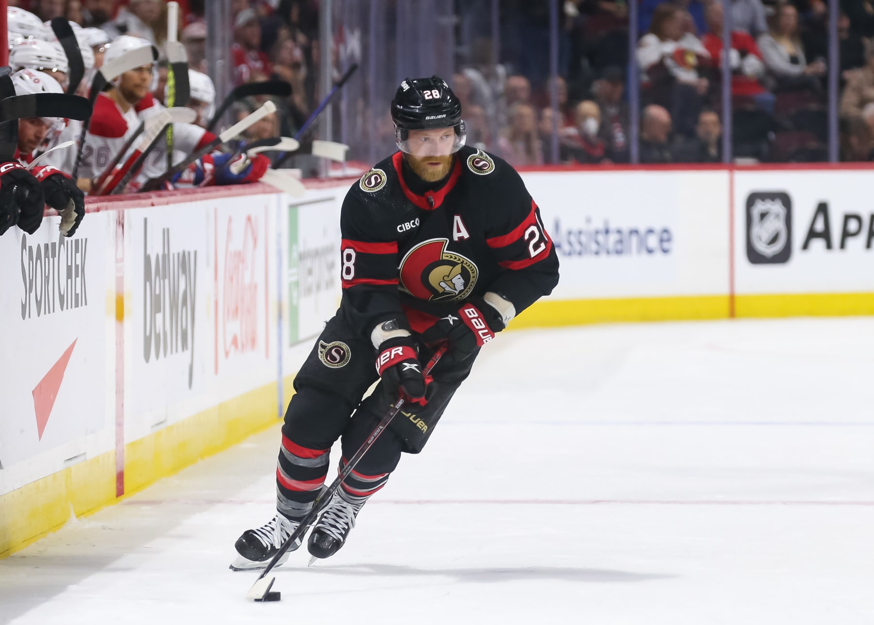 OTTAWA, CANADA - APRIL 13: Claude Giroux #28 of the Ottawa Senators skates with the puck against the Montreal Canadiens during the first period at Canadian Tire Centre on April 13, 2024 in Ottawa, Ontario, Canada. (Photo by Chris Tanouye/Freestyle Photography/Getty Images)