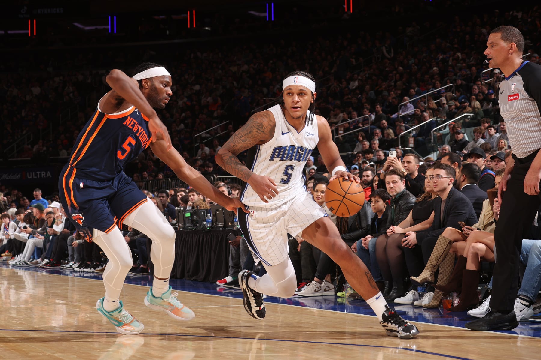 NEW YORK, NY - MARCH 8: Paolo Banchero #5 of the Orlando Magic handles the ball during the game against the New York Knicks on March 8, 2024 at Madison Square Garden in New York City, New York.  NOTE TO USER: User expressly acknowledges and agrees that, by downloading and or using this photograph, User is consenting to the terms and conditions of the Getty Images License Agreement. Mandatory Copyright Notice: Copyright 2024 NBAE  (Photo by Nathaniel S. Butler/NBAE via Getty Images)