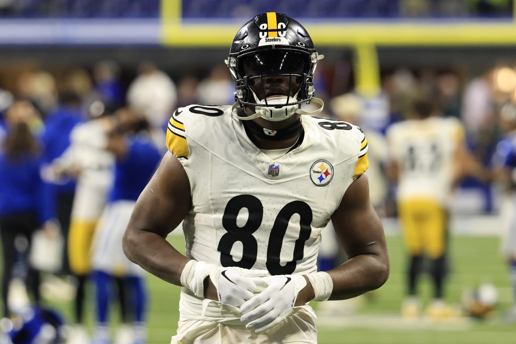 INDIANAPOLIS, INDIANA - DECEMBER 16: Darnell Washington #80 of the Pittsburgh Steelers walks off the field after a loss to the Indianapolis Colts at Lucas Oil Stadium on December 16, 2023 in Indianapolis, Indiana. (Photo by Justin Casterline/Getty Images)