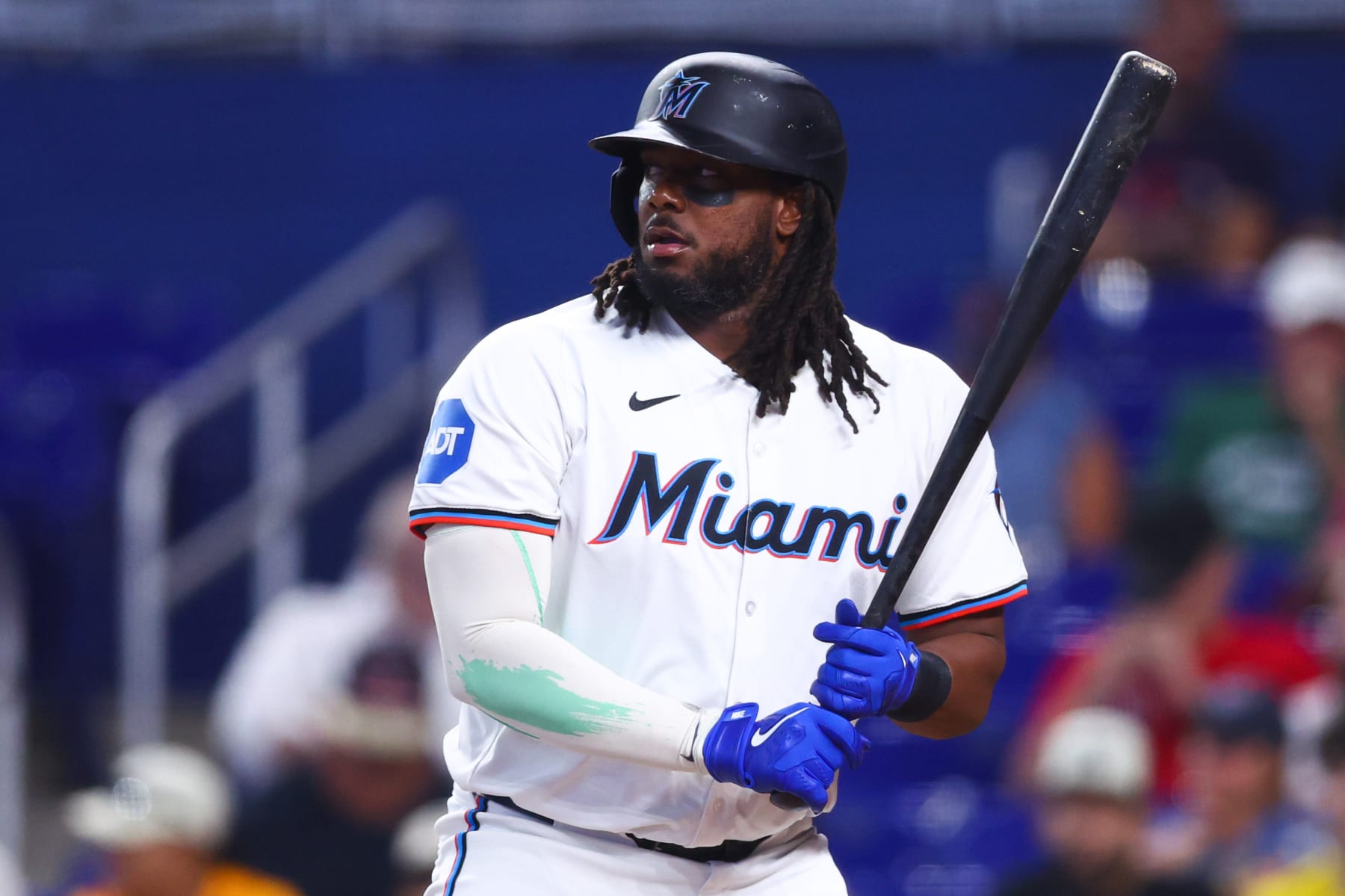 MIAMI, FLORIDA - JULY 02: Josh Bell #9 of the Miami Marlins at bat against the Boston Red Sox during the first inning of the game at loanDepot park on July 02, 2024 in Miami, Florida. (Photo by Megan Briggs/Getty Images)