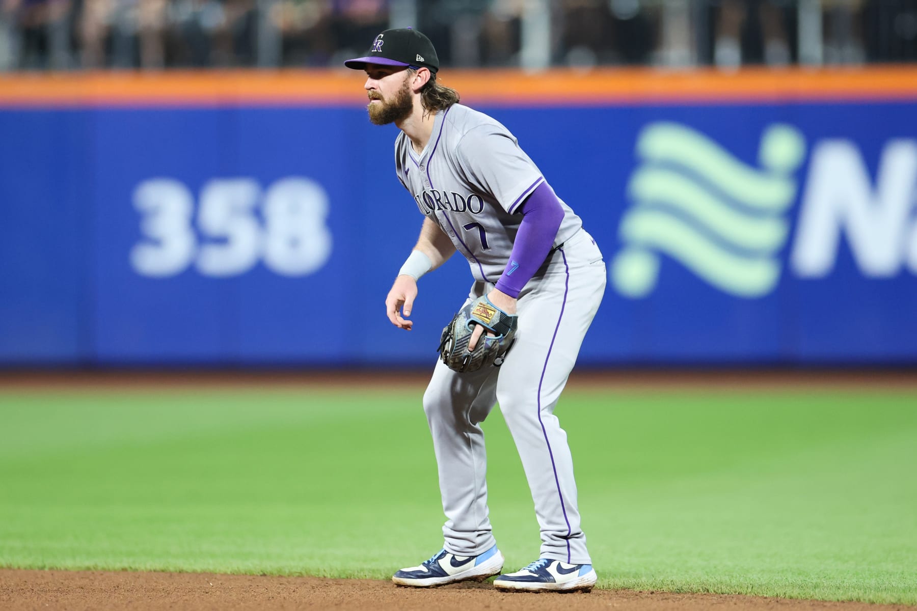 NEW YORK, NEW YORK - JULY 12: Brendan Rodgers #7 of the Colorado Rockies in action against the New York Mets at Citi Field on July 12, 2024 in the Queens borough of New York City. (Photo by Luke Hales/Getty Images)
