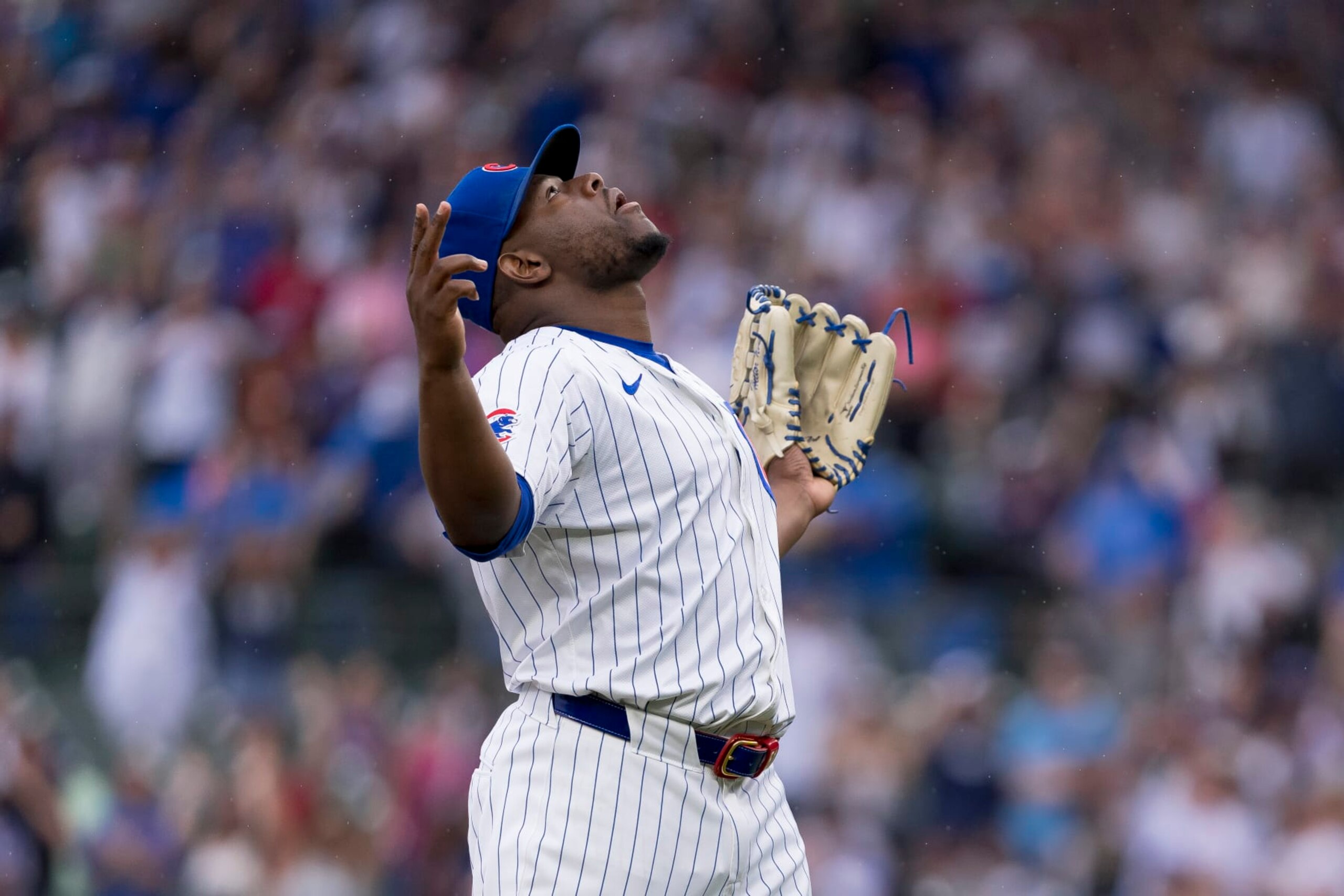 CHICAGO, IL - JULY 7: Hector Neris of the Chicago Cubs celebrates a win in a game against the Los Angeles Angels at Wrigley Field on July 7, 2024 in Chicago, Illinois. (Photo by Matt Dirksen/Chicago Cubs/Getty Images)