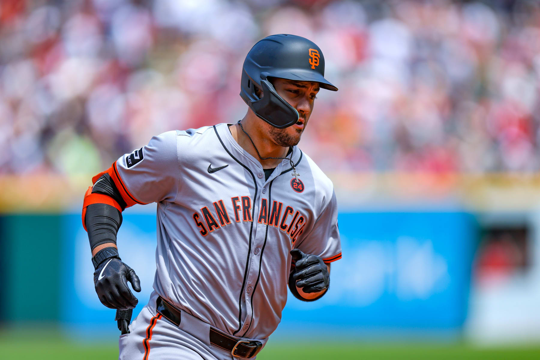 CLEVELAND, OH - JULY 07: San Francisco Giants left fielder Michael Conforto (8) rounds the bases after hitting a 2-run home run during the second inning of the Major League Baseball Interleague game between the San Francisco Giants and Cleveland Guardians on July 7, 2024, at Progressive Field in Cleveland, OH. (Photo by Frank Jansky/Icon Sportswire via Getty Images)