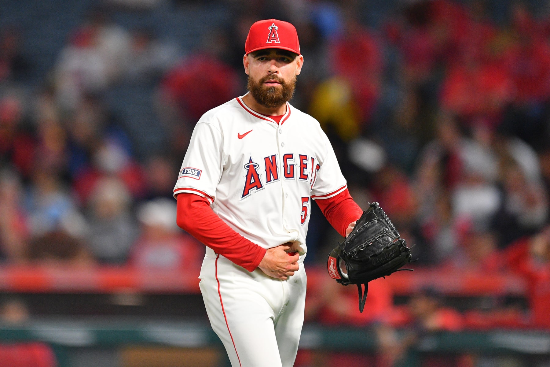 ANAHEIM, CA - MAY 13: Los Angeles Angels pitcher Matt Moore (55) walks off the field after being removed from the MLB game between the St. Louis Cardinals and the Los Angeles Angels of Anaheim on May 13, 2024 at Angel Stadium of Anaheim in Anaheim, CA. (Photo by Brian Rothmuller/Icon Sportswire via Getty Images)