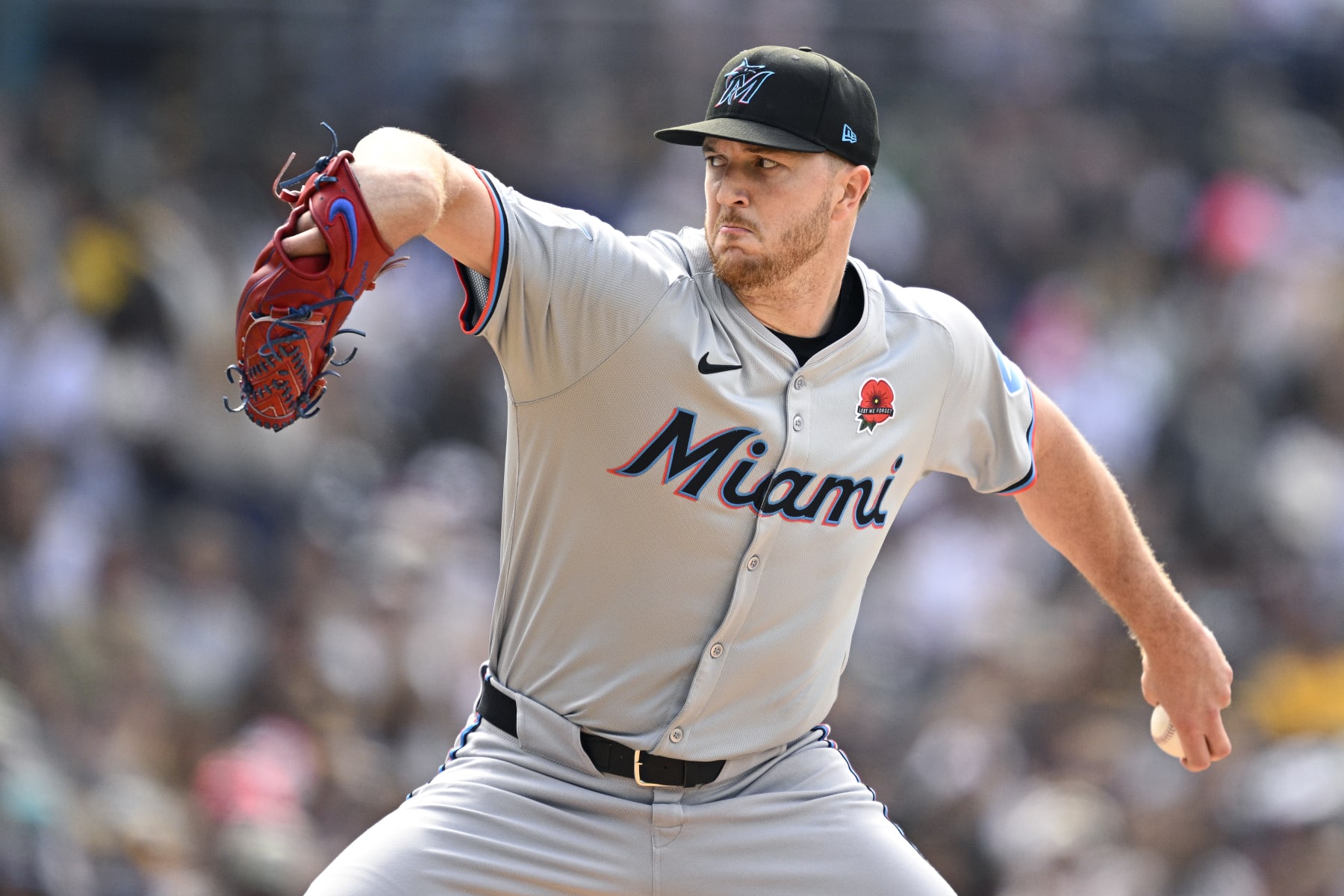 SAN DIEGO, CALIFORNIA - MAY 27: Trevor Rogers #28 of the Miami Marlins pitches against the San Diego Padres during the first inning at Petco Park on May 27, 2024 in San Diego, California. (Photo by Orlando Ramirez/Getty Images)