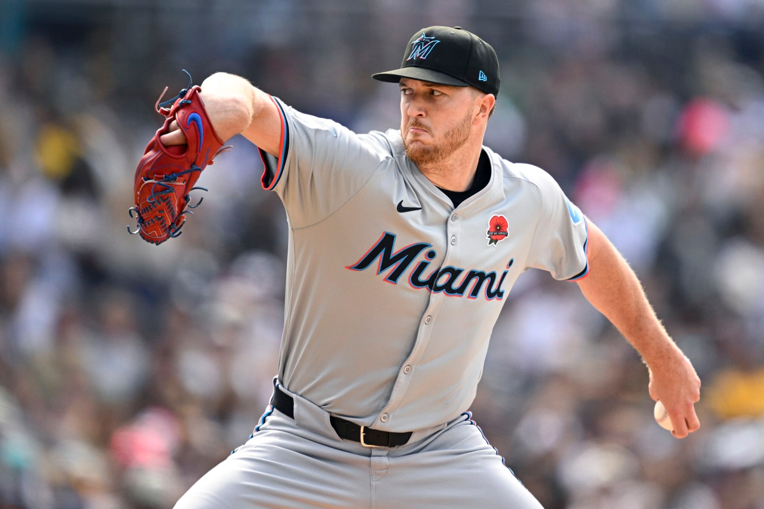 SAN DIEGO, CALIFORNIA - MAY 27: Trevor Rogers #28 of the Miami Marlins pitches against the San Diego Padres during the first inning at Petco Park on May 27, 2024 in San Diego, California. (Photo by Orlando Ramirez/Getty Images)