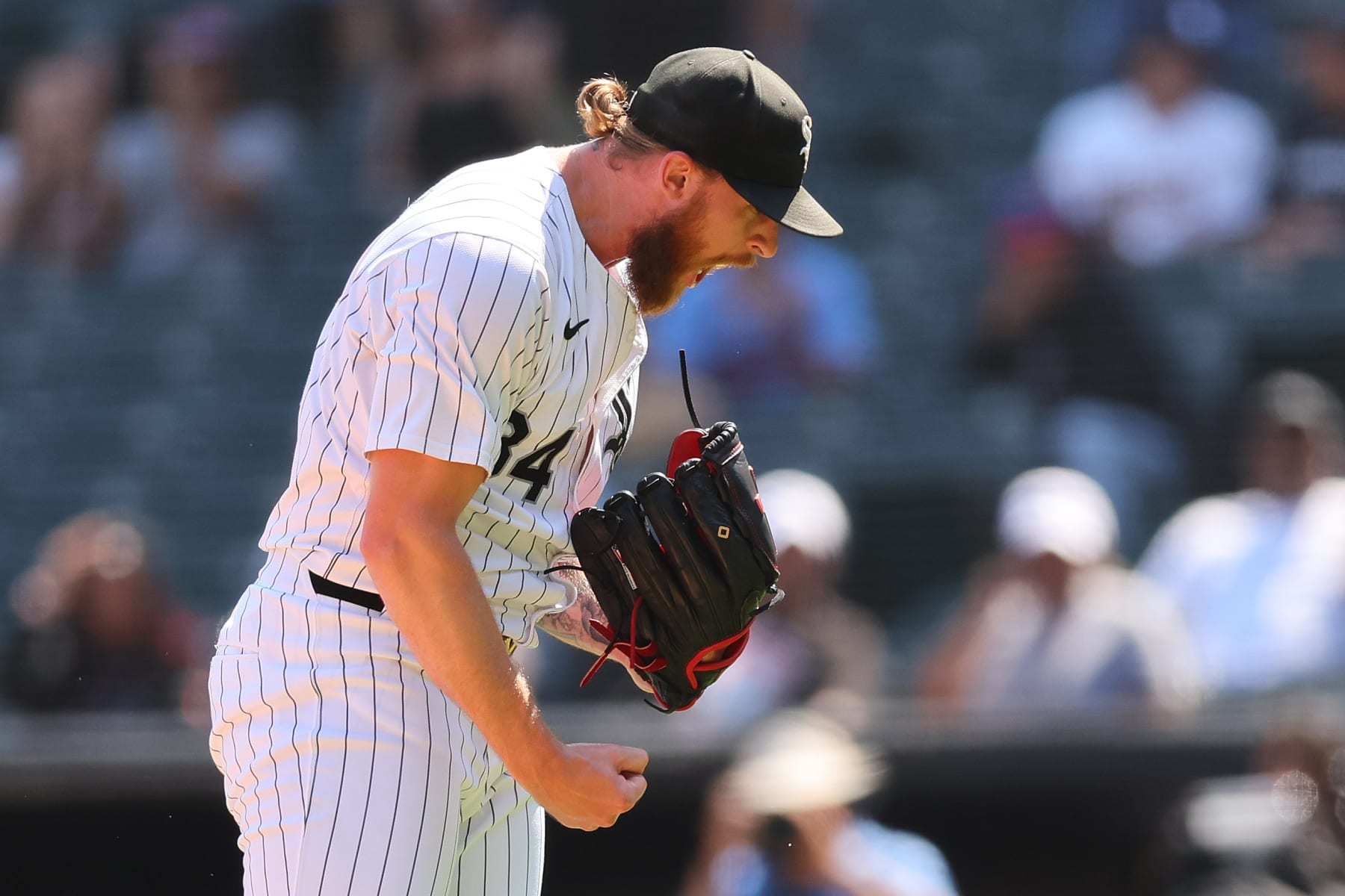 CHICAGO, ILLINOIS - JULY 10: Michael Kopech #34 of the Chicago White Sox celebrates the final out to defeat the Minnesota Twins 3-1 at Guaranteed Rate Field on July 10, 2024 in Chicago, Illinois. (Photo by Michael Reaves/Getty Images)