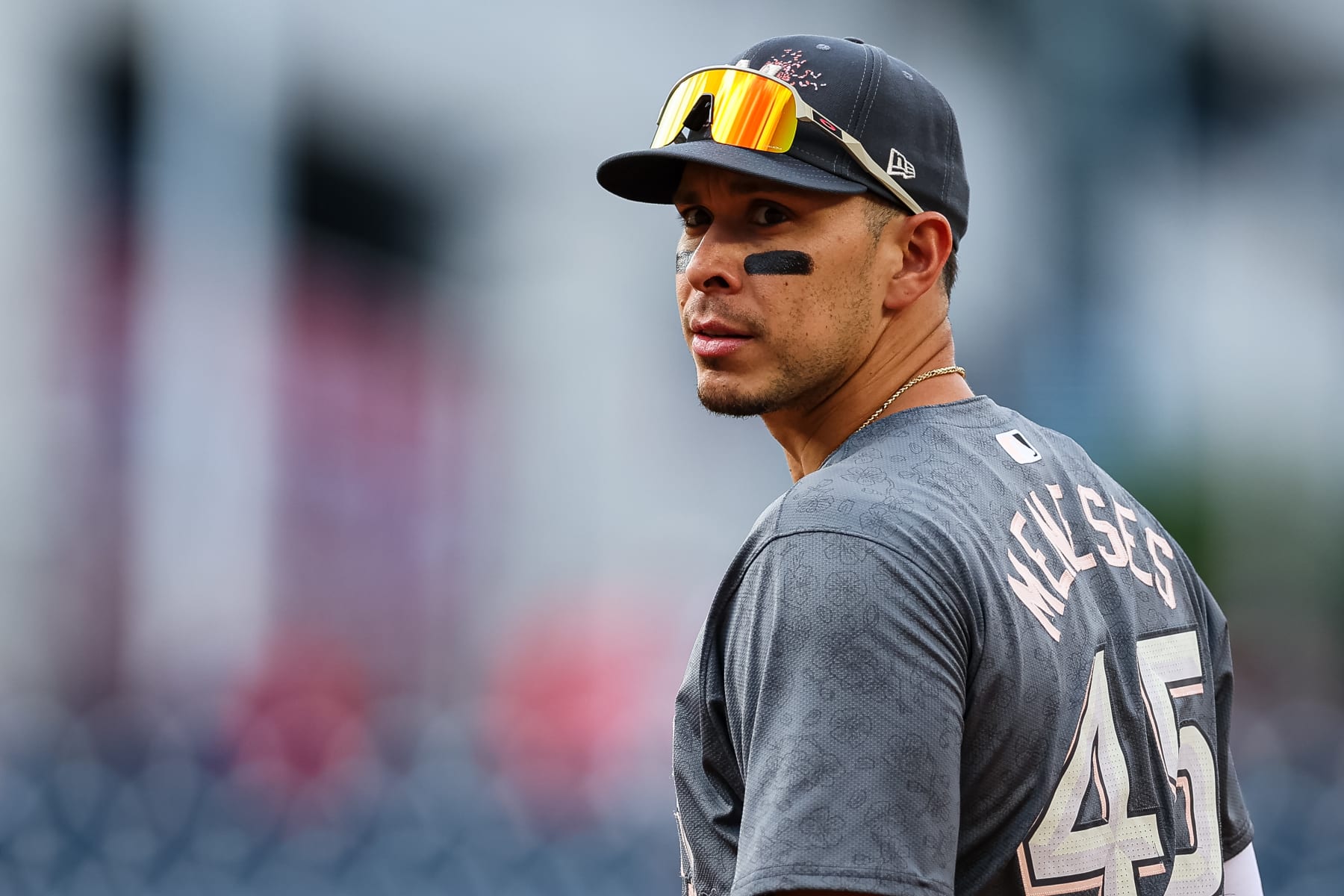 WASHINGTON, DC - JUNE 15: Joey Meneses #45 of the Washington Nationals looks on before the game against the Miami Marlins at Nationals Park on June 15, 2024 in Washington, DC. (Photo by Scott Taetsch/Getty Images)