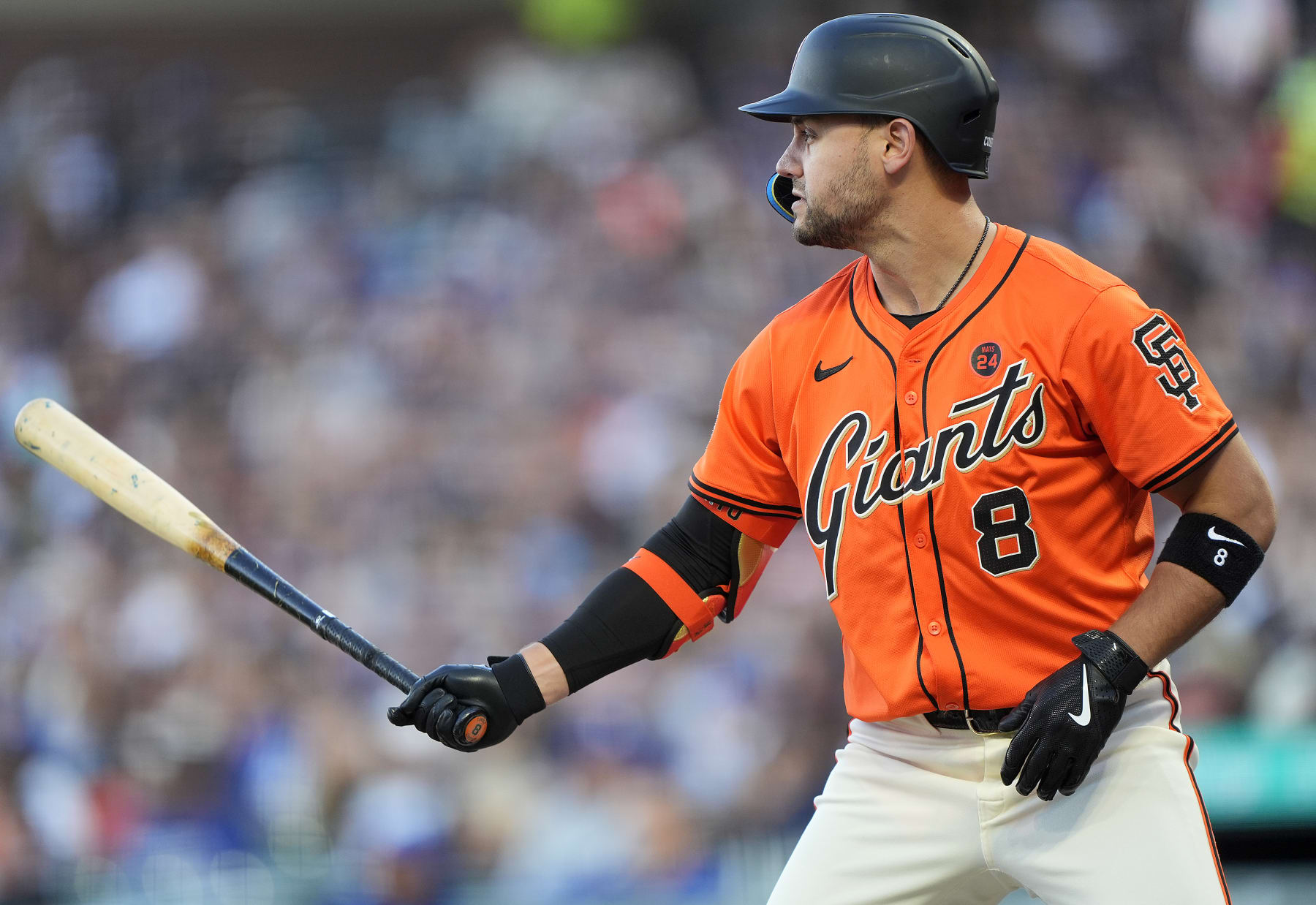 SAN FRANCISCO, CALIFORNIA - JUNE 28: Michael Conforto #8 of the San Francisco Giants bats against the Los Angeles Dodgers in the bottom of the second inning at Oracle Park on June 28, 2024 in San Francisco, California. (Photo by Thearon W. Henderson/Getty Images)
