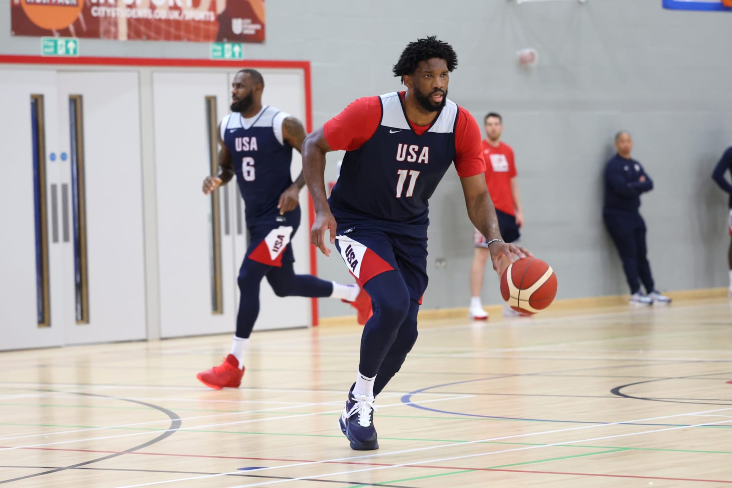 LONDON, ENGLAND - JULY 19: Joel Embiid #11 of Team USA dribbles the ball during practice as part of 2024 USA Basketball Showcase on July 19, 2024 in London, England as part of the 2024 USA Basketball Showcase. NOTE TO USER: User expressly acknowledges and agrees that, by downloading and/or using this photograph, user is consenting to the terms and conditions of the Getty Images License Agreement. Mandatory Copyright Notice: Copyright 2024 NBAE (Photo by Joe Murphy/NBAE via Getty Images)